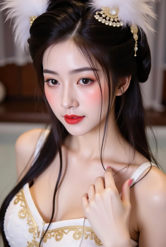 1 beautiful girl in beautiful hanfu costume, thin red silk shirt with many yellow motifs, black lace top, light pink rabbit ears, long hair dyed pale purple platinum, beautiful hair jewelry, pretty face cute pretty face, perfect face, earring jewelry, antique jewelry, big red eyes, sharp eye makeup, meticulous eyelash makeup, thin eyebrows, high nose, pretty red lips, no smile, pursed lips, rosy cheeks, big bust, big bust, well-proportioned bust, slim waist, red mesh stockings with black border , Chinese hanfu style, fictional art pattern, vivid and true color, RAW photo, real photo realistic, ultra-high quality 8k surreal photo, cool photo, (virtual lighting effect: 1.8), 10x pixels, magic effect (background): 1.8), (ultra-detailed eye: 1.8), (eyelids): eyes): red: 1.8), (black eye pupil: 1.8)beautiful girl portrait, alone girl, ancient hanfu background, looking directly at the audience, wide original image, 8k quality, super sharp , the most detailed and clear images, detailed bright background,