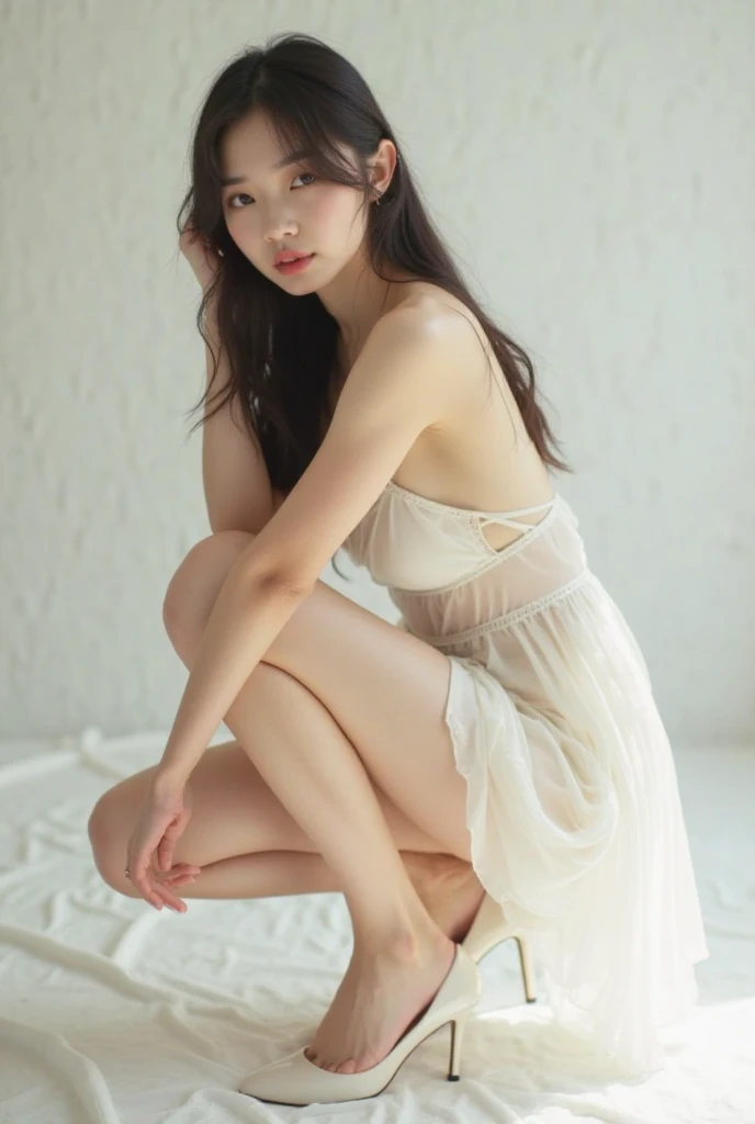 White Room、Buckshot、Backless chiffon dress、(Highest quality)、((Very detailed))、4K、(8K)、masterpiece、Very detailedな、Highest quality、Super Resolution、1 person、Kind Face、Soft Light、RAW quality、Soft Skin、163cm、30 years old、From the knee up