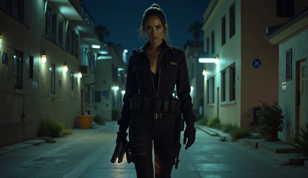 cinematic photo, young kate_beckinsale, smiling, as a female soldier, very long hair, smirk on face, wearing a neon pink and white satin bomber jacket, m16, rifle, holding m16 rifle with both hands, series, gun, (Snake plissken) (solid snake) (metal gear solid),, suburban neighborhood at night