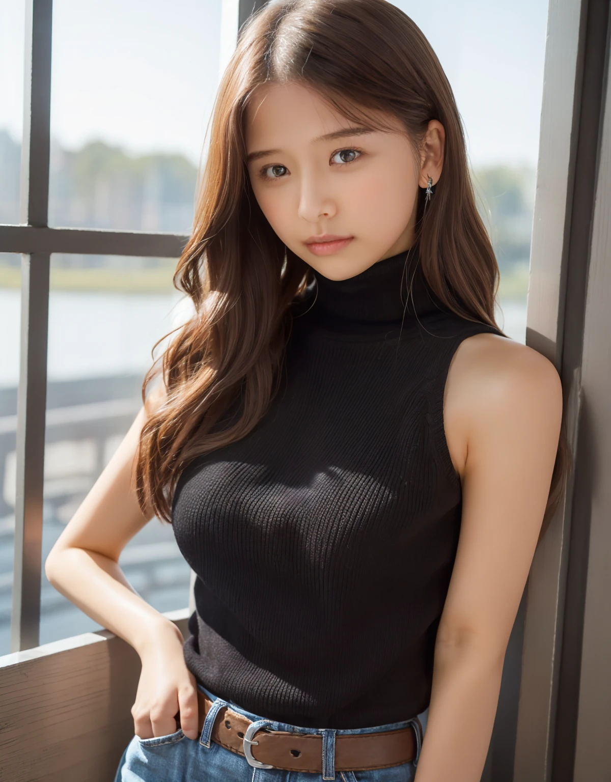 ((best qualtiy、8k masterpieces:1.3))、foco nítido:1.2、(ultra beautiful faces:1.0)、(shinny skin:1.0)、photos realistic、A dark-haired、Video Lighting、High-definition eyes and face、Video Lighting、(Korean Cute Actress)、from the front side、medium breasts、ssmile、Sleeveless、Slender Abs Beauty、Whole body、swim wears