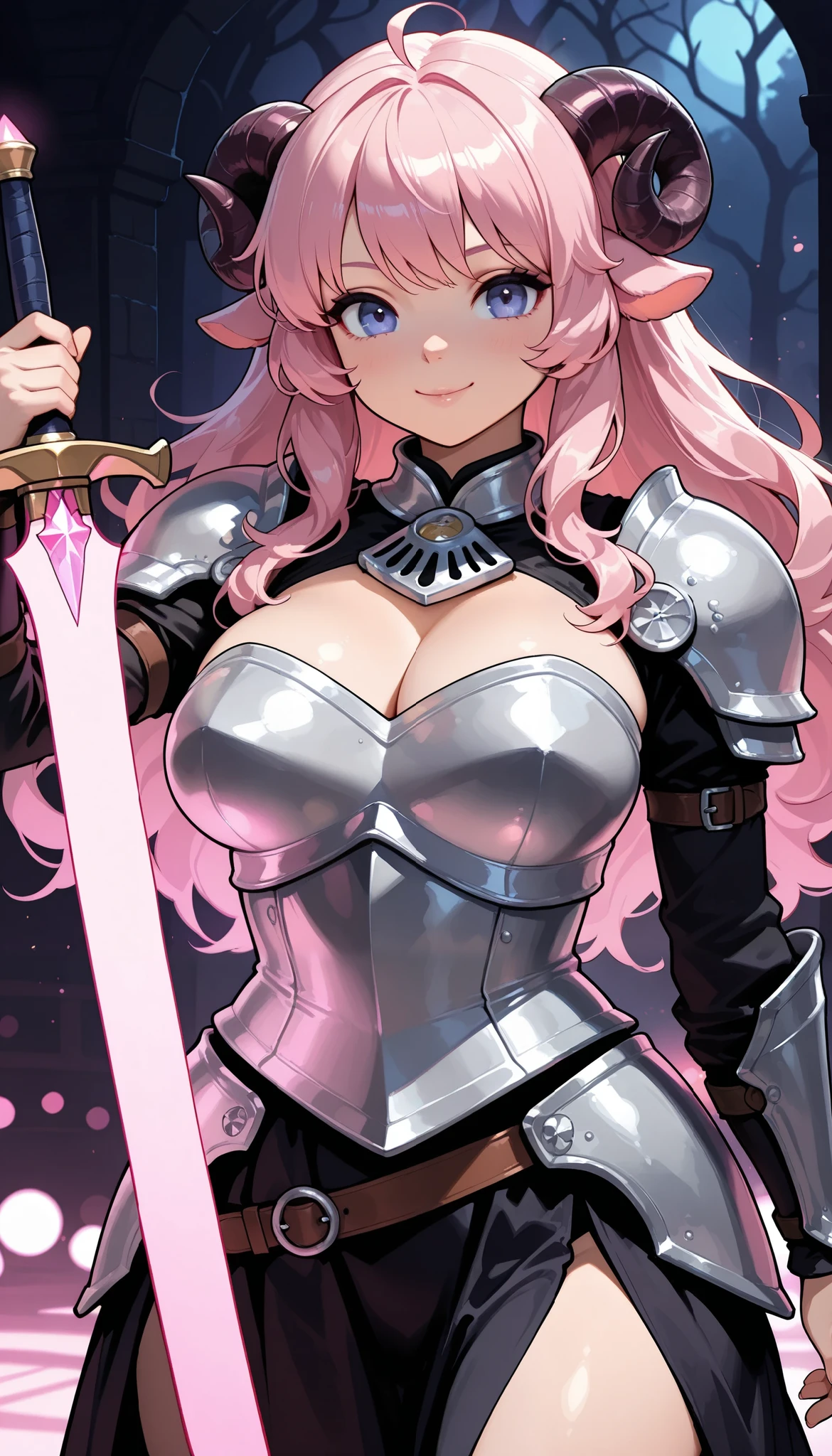 Sheep Girl, pink long hair,  fluffy hair, Ram&#39;s horn, pink light equipment armor, Sheep Warrior, longsword,  Attack Action, bust shot, with a well-groomed face, (smile), dark dungeon background,Mysterious Magical Light,4K High Resolution,realistic texture,vibrant coloring best quality,4K,masterpiece,hyper detailed,photorealistic,physically-based rendering,studio lighting,ultra-fine painting,vivid colors,sharp focus,Extreme Details,professional,HDR,UHD, bokeh effects ,