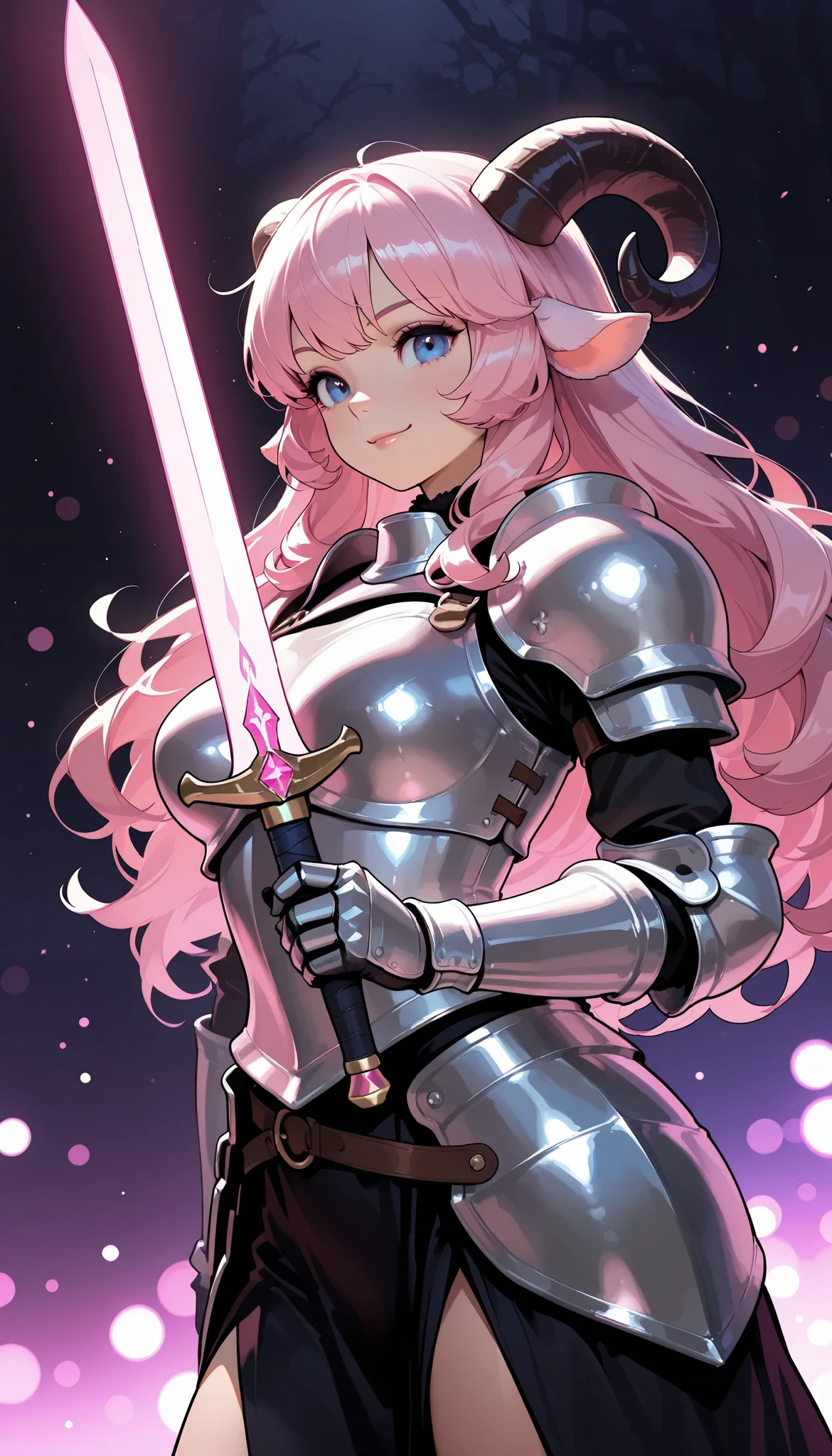 Sheep Girl, pink long hair,  fluffy hair, Ram&#39;s horn, pink light equipment armor, Sheep Warrior, longsword,  Attack Action, bust shot, with a well-groomed face, (smile), dark dungeon background,Mysterious Magical Light,4K High Resolution,realistic texture,vibrant coloring best quality,4K,masterpiece,hyper detailed,photorealistic,physically-based rendering,studio lighting,ultra-fine painting,vivid colors,sharp focus,Extreme Details,professional,HDR,UHD, bokeh effects ,