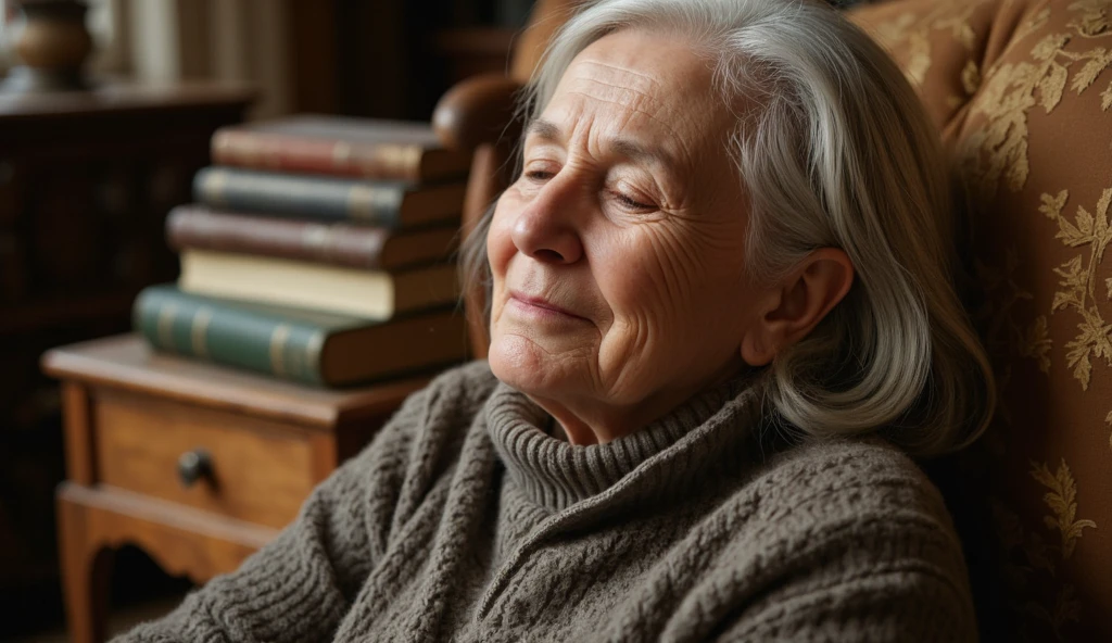 /imagine prompt: A kind old grandmother sitting on a chair, gently gazing at her college student grandson. Her face is filled with a happy and contented smile, radiating love for her grandson. by doodle --niji 5