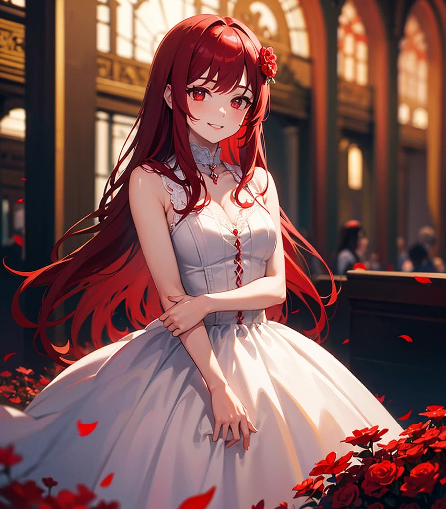 highly detailed, 8k, masterpiece, 1girl, Red tied_hair, dress , crazy_smile, (perfect_face), detailed_background, full_body, bloom,(beautiful lighting:1.3), caustics, dynamic lighting, from_below