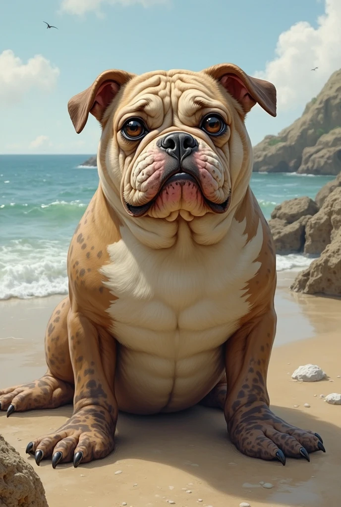 male furry dog white Labrador with fat red knotted penis, full body, standing on a deserted beach