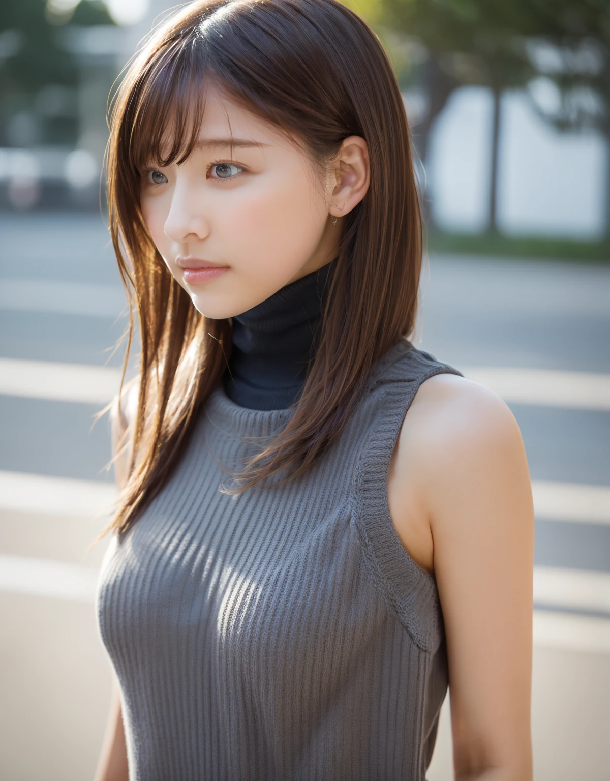 ((top-quality, in 8K, masterpiece:1.3)), Beautiful Japanese woman, perfect body:1.4, Slim abs:1.2, ((Medium Hair, straight haired:1.2)), (turtle neck:1.1), (a street:1.2), wetbody:1.5, Three-dimensional texture, A detailed eye, Brown hair, very thin waist, posterior view