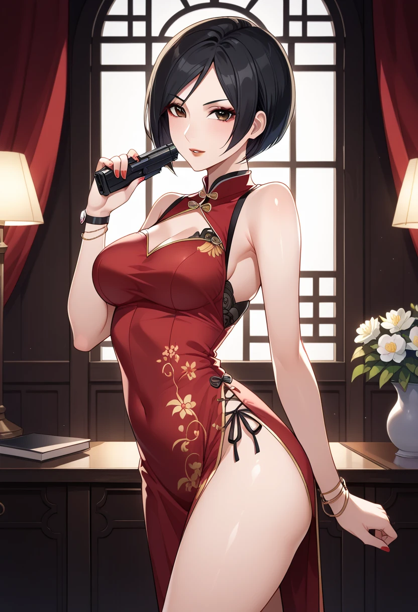 A woman in a Chinese dress holding a Chinese knife at a Chinese restaurant Giant steamer Large Breasts
