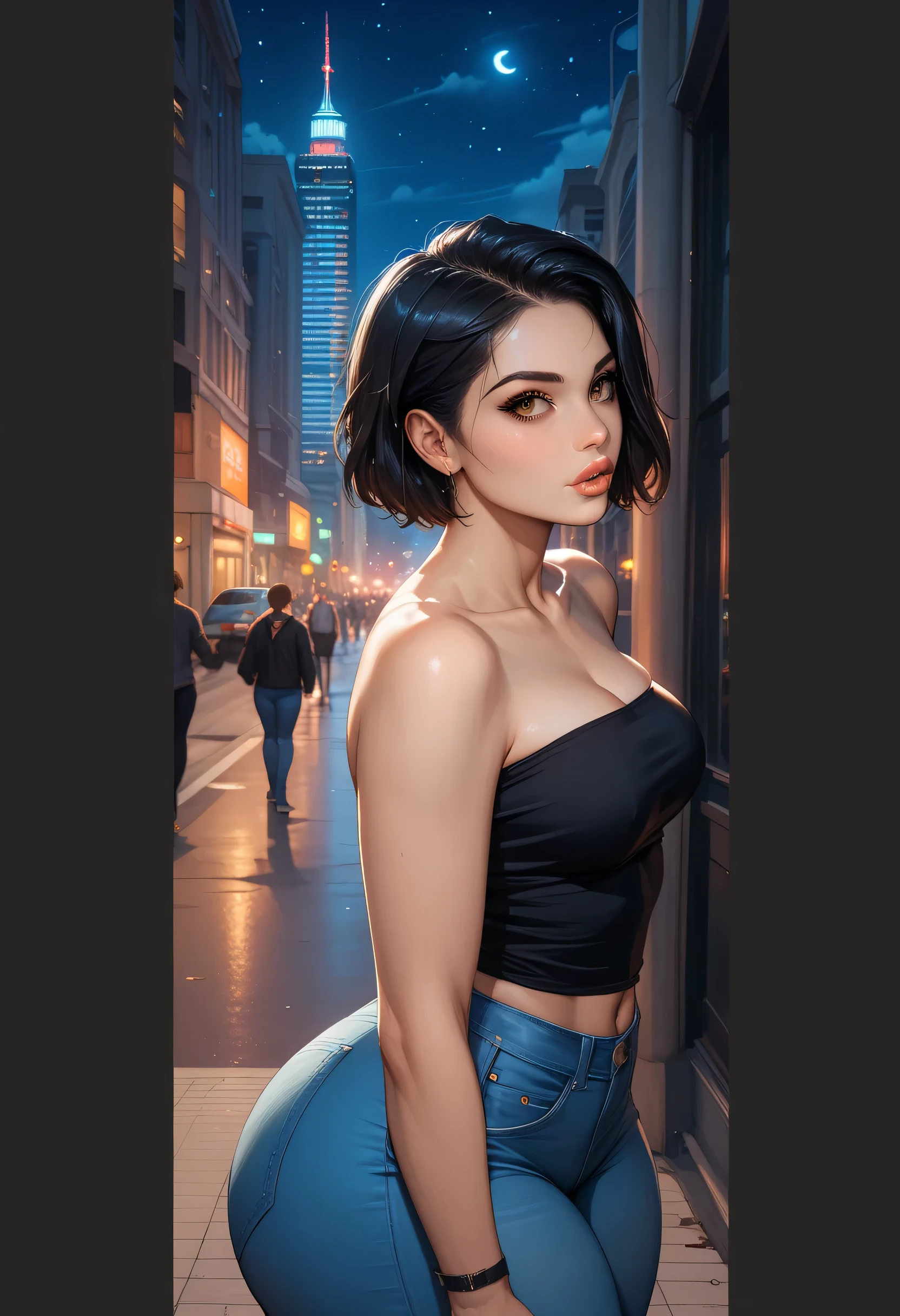 perfect body, black hair, short hair, black thin eyebrows, brown eyes, black eyeliners, nose, thick lips, collarbone, cleavage, medium breasts, black tube top, blue denim jeans, short jeans, (thick thighs:1.3), (standing), ((night sky, new york city, street)) 