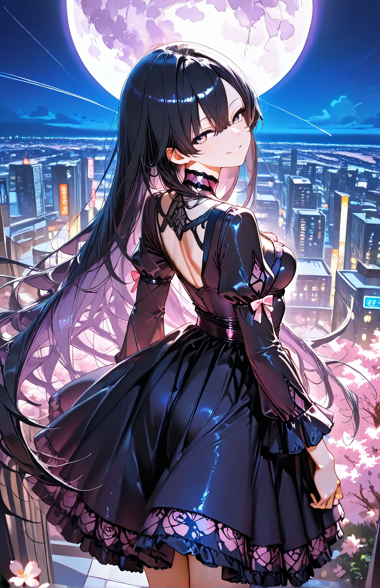 cherry blossoms, looking back, A girl, sharp purple eyes , multicolored eyes , hair between eyes , long side bangs , black hair with fine purple strands , very long hair , medium breasts, black-Pink gothic dress, elaborate dress, elaborate pattern, long sleeves, puff sleeves,Ruffles, laced, stands on the balkony, looking out at the moon, trees, flowers,standing, watercolor art style, drawing art style, pastel color, vintage art style,from behind, janpanese stlye,janpanese building, city scape, horizon, vapor trail, neon lights, night, sadly innocent smile, full moon, Look up at the full moon, solo, score_9, score_8_up, score_7_up, source_anime
