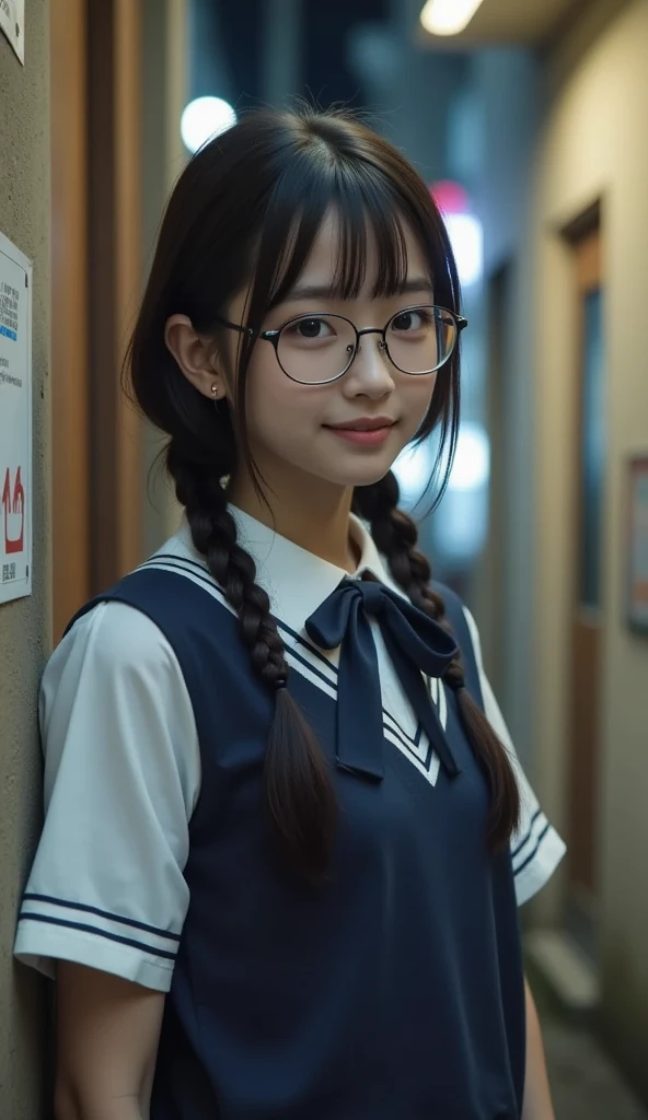 (8k, RAW Photos, Realistic: 1.25), (Partially gray hair, Cherry colored natural lips, Thin eyebrows, eyelash, tears, Snap bangs, Shining Face, Shiny skin, highest quality, Ultra-high resolution, Written boundary depth, chromatic aberration, Caustics, Wide Lighting, Natural Shading, Neat and clean Japan woman, ,Glasses, kind, Beautiful black hair, smile, Small devil, Show me your ears、photo shoot, Cute face, Thighs, After-School Classes, Film Grain, chromatic aberration, Sharp focus, Face Light, Bright lighting, 10 generations, Detailed face, Background Blur、((((((15 years old絶対にGlassesをかけている, Very large breasts, Slender body, Sailor suit、Navy blue mini skirt、White socks, Black Loafers, Realistic and detailed school library, Reading a book in the library,