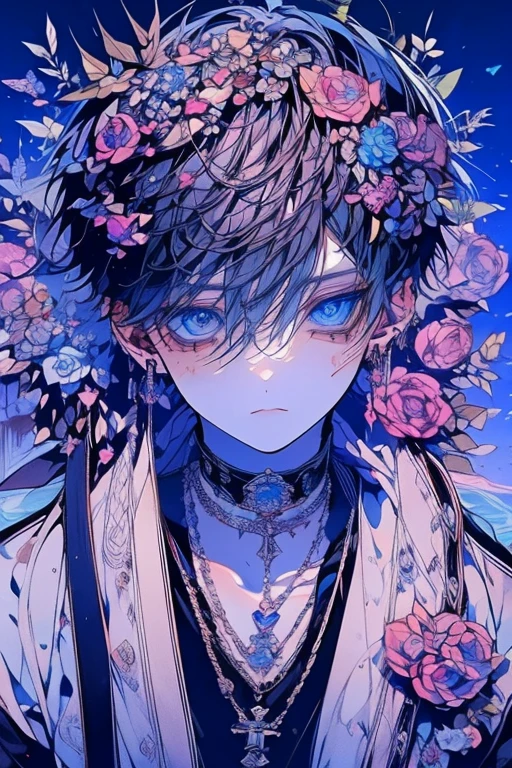 1boy, apple, bangs, black_background, black_hair, blue_eyes, blue_flower, blue_hair, braid, branch, cherry_blossoms, covered_mouth, covering_mouth, daisy, eyebrows_visible_through_hair, floral_background, flower, fruit, gem, gloves, gradient_hair, hair_flower, hair_ornament, hat_flower, holding, hood, jewelry, lily_\(flower\), looking_at_viewer, lotus, male_focus, multicolored_hair, open_mouth, petals, pink_flower, ribbon, solo, venti_\(genshin_impact\), white_flower <lora:style_yeurei:1>