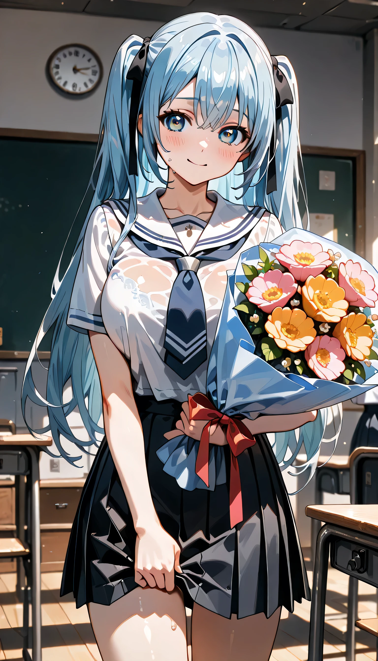 ((ultra-detailed)), (highly detailed CG illustration), (best quality:1.2), ultra-highly detailed, colorful composition, ((peeping photo)), 1 girl, solo focus, ((thigh to top:1.4)), ((cowboy shot:1.4)), moe anime character, age girl, dainty facial structure, (baby face), (round face), ((rounded chin:1.2)), ((ideal ratio body proportions)), celia-default, celia claire, ((blue eyes)), sparkle eyes, silver hair color, two side up, (hair ribbon with red), ample breasts, ((white sailor school uniform:1.4)), (red tie), ((blue bla underneath see-through the top of the clothes:1.4)), ((navy blue pleated skirt)), ((wet clothes)), ((wet body:1.4)), ((smile:1.4)), ((happy:1.4)), ((joyful:1.4)), ((blush:1.3)), ((turn around:1.4)), ((changing clothes)), ((holding a colorful biggest bouquet:1.4)), ((standing in a school classroom)), ((from front)), best quality, masterpiece, expecting, pink cheek, blush, light pink gloss slip, portrait, depth of field, soft lighting, sidelighting, (shine), lighting, caustics, ray tracing, smile, perfect face, lustrous skin, highly detailed face, highly detailed eyes, perfect face, perfect nose, perfect hair, perfect eyes, perfect anatomy, beautiful hair, beautiful small face, extremely detailed face, beautiful detailed eyes, beautiful clavicle, beautiful body, beautiful huge breasts, leavage, breasts squeezed together, equalize the size of the left and right breasts, beautiful thin thighs, beautiful legs, beautiful fingers, 4 fingers, 1 thumb, lovely, (very detailed background:1.0), (highly detailed background:1.0), summer aesthetic, intricate details, Secretly filmed atmosphere, summer colors palette, chromatic aberration