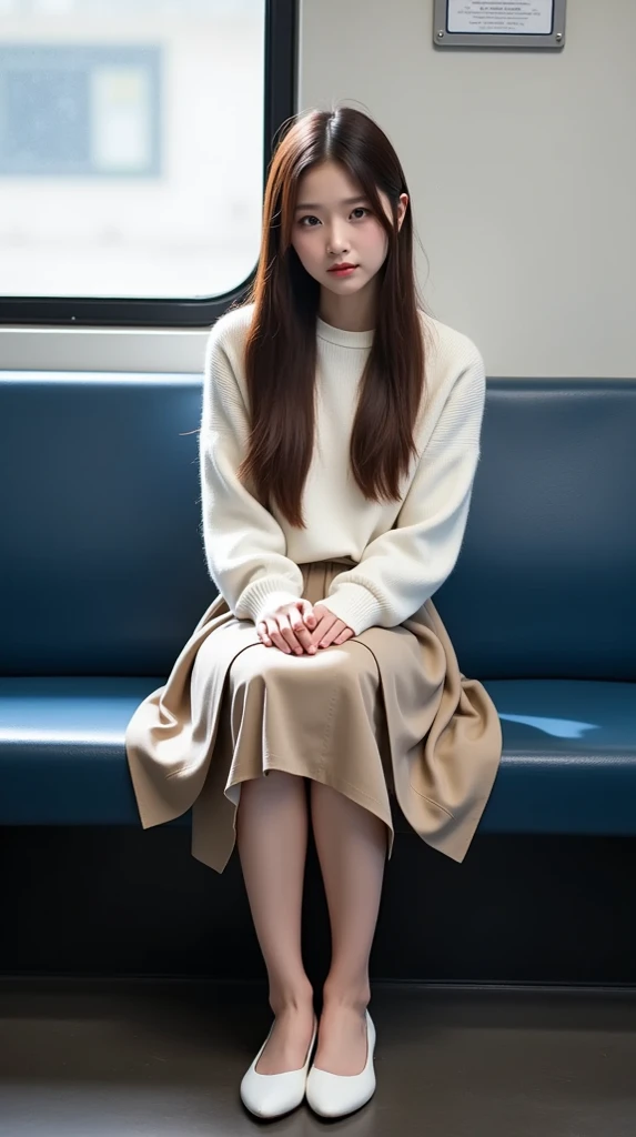 RAW photo, dynamic angle, highly detailed, soft light, 1girl, ((sweaty):1.1), pale skin, korean, , innocent, sexy, mad, long hair, bright blue eyes, freckles, head tilted, black coats, wide thighs, improper sitting, crotch visible, on train at night, 8k, masterpiece