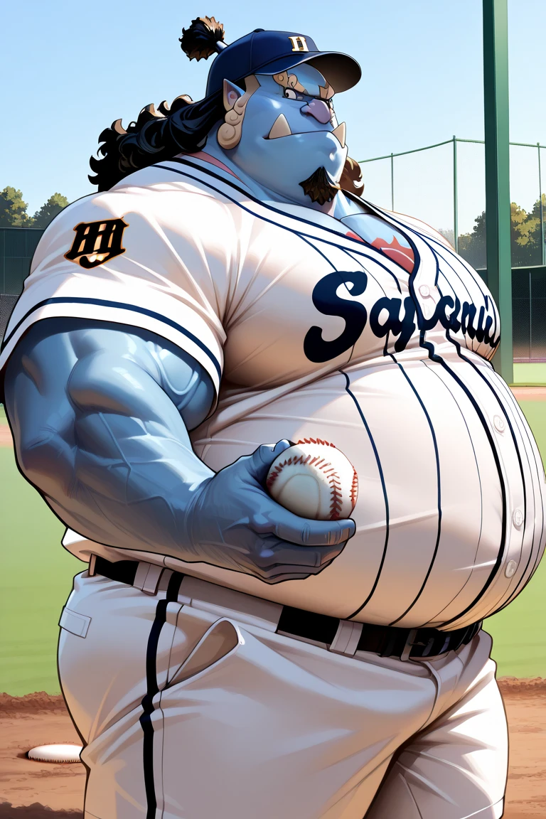solo, chubby jinbe, big belly, fay, happy, side chest, Stand slightly sideways, side angel, shirtless, very huge pectoral, shorts, baseball, jersey, baseball fields, pitcher, playing baseball, jersey, baseball hat, detailed face:1.3, eyes, wide shoulder, thick arms, wide pectoral, muscle, short hair:1.2, masterpiece, semirealistic:1.2, high detailed, 8k, high resolution