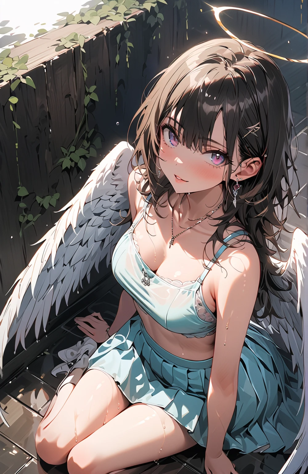 1 girl, CuteStyle, upper body, angel wings, furry, pony furry, blue eyes, white fur, brown mane, long mane, dressed in black underwear, cleavage, medium breasts, black stockings, sitting on a bench, leg over leg, black gloves on her hands, embarrassed, blush, on the street, trees, rays of the sun, detailed, beautiful, delicate tones