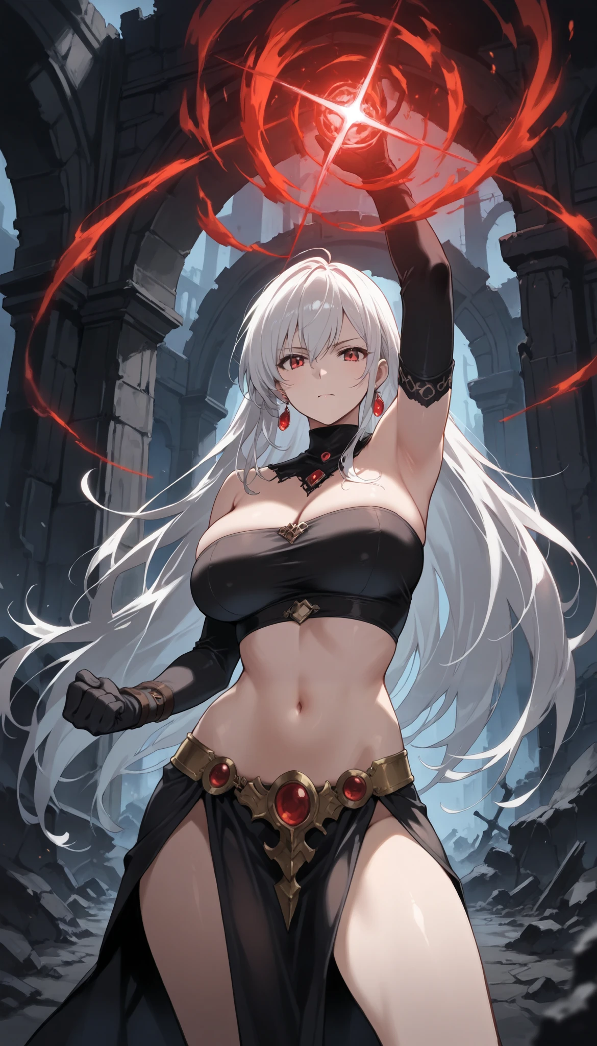 An adult woman half fox and wolf, wide breasts, red eyes, white hair, super angry, holding a sword