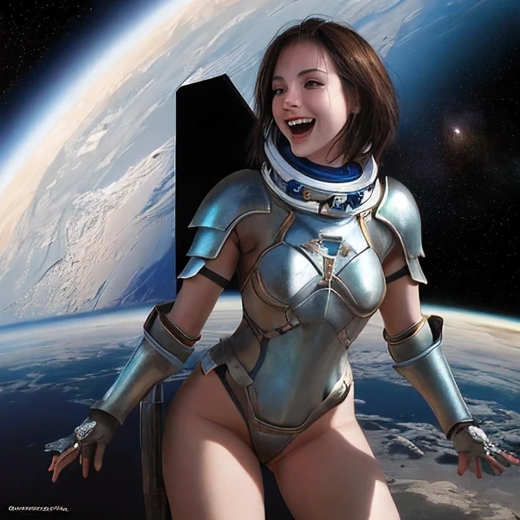 28 years old Italian woman, ((full body)), ((nude)), ((heavily armored space commander)), beautiful chest, standing with her legs spread apart in the big space ship in deep space far from the galaxies, no planet and no moon around there, fighting the huge alien space ship, milky way outside of the ship, zoom in from below