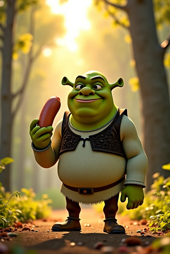 A sherk in underwear holding a sausage