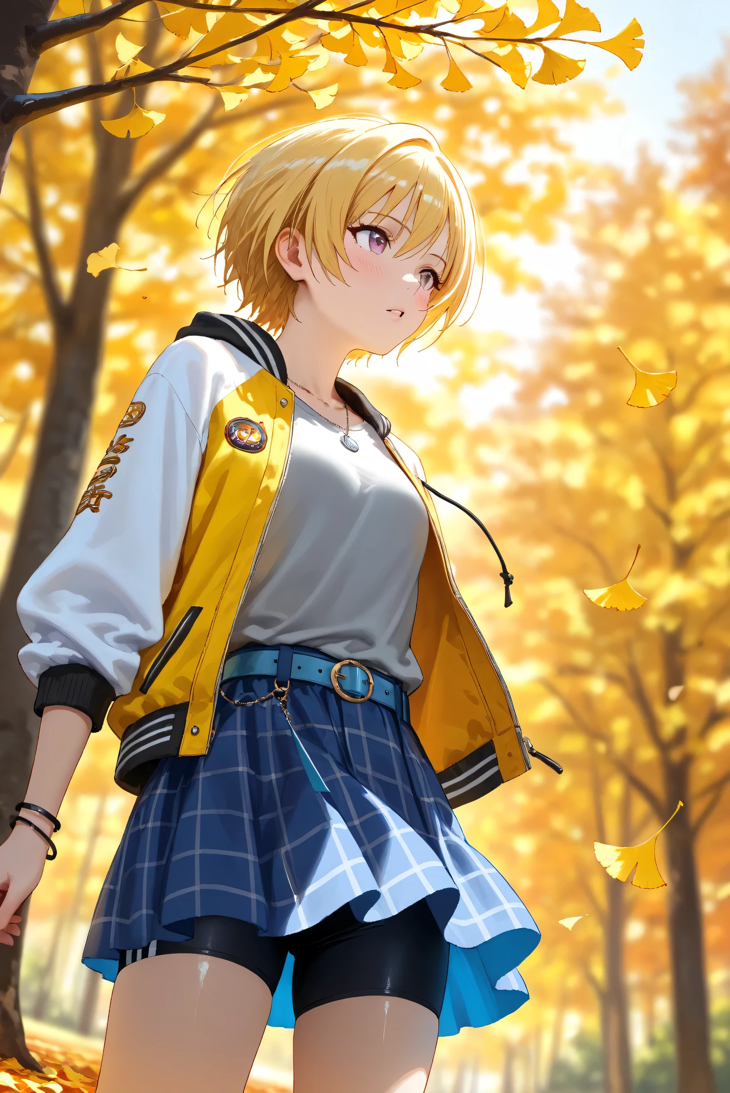 (Masterpiece), (Highest quality), (Very detailed), 
(The best shape), (Best Shadow), (Absurd), 
(Detailed background), (So beautiful), Shiny , 
Beautiful eyes in every detail, Extraordinary, Countershading, 8k, 32K, High resolution, 
Very Detailed CG,

Score_9, Score_8_up, Score_7_up, Source_anime, 
(Pastel painting:1.2), (Watercolor painting:1.2),
(Masterpiece, Detailed:1.2), (Foreshortening:1.2),

Cinematic, Dramatic, (Depth of field:1.4),
(Blurry background:1.4), (Realistic background:1.4),
Dynamic angle, from below, lower body, looking up,
1 girl,
Autumn, Outdoor, Nature, Park, Wind,
Autumn leaves, Ginkgo,
Scenery, Autumnforrestmb, Autumn, Forest, Tree, Nature, Outdoors, Ginkgo tree branch,

Saijo Juri,
the idolmaster shiny colors,
juri saijo, short hair, blonde hair, purple eyes, small breasts,

(Casual wear:1.3), 
T-shirts, (Gray t-shirts:1.3), 
Souvenir jacket, Yellow jacket, (Long sleeves jacket:1.2), White sleeves jacket,
Miniskirt, (blue skirt:1.2), Checkered skirt, 
Belt, blue belt, bike shorts,
Necklace,

focus on face,
(Blush:1.3), parted lips,
Realistic skin, Shiny skin,