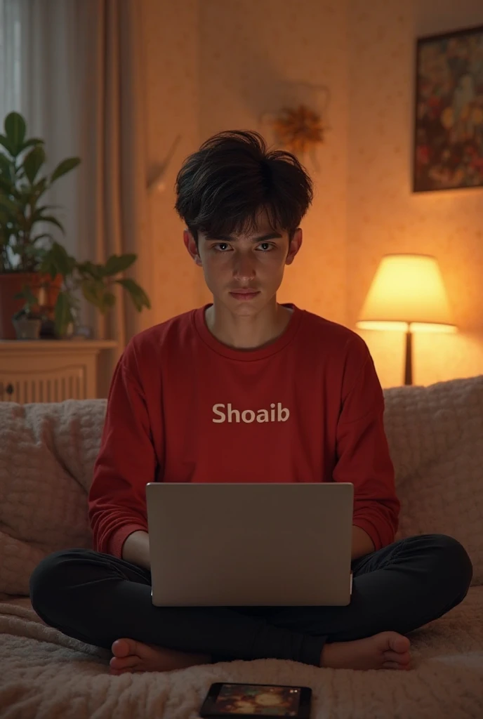 A boy in the black tshirt and white jacket, and sitting on the wingback chair, and "Akash" name on his tshirt.