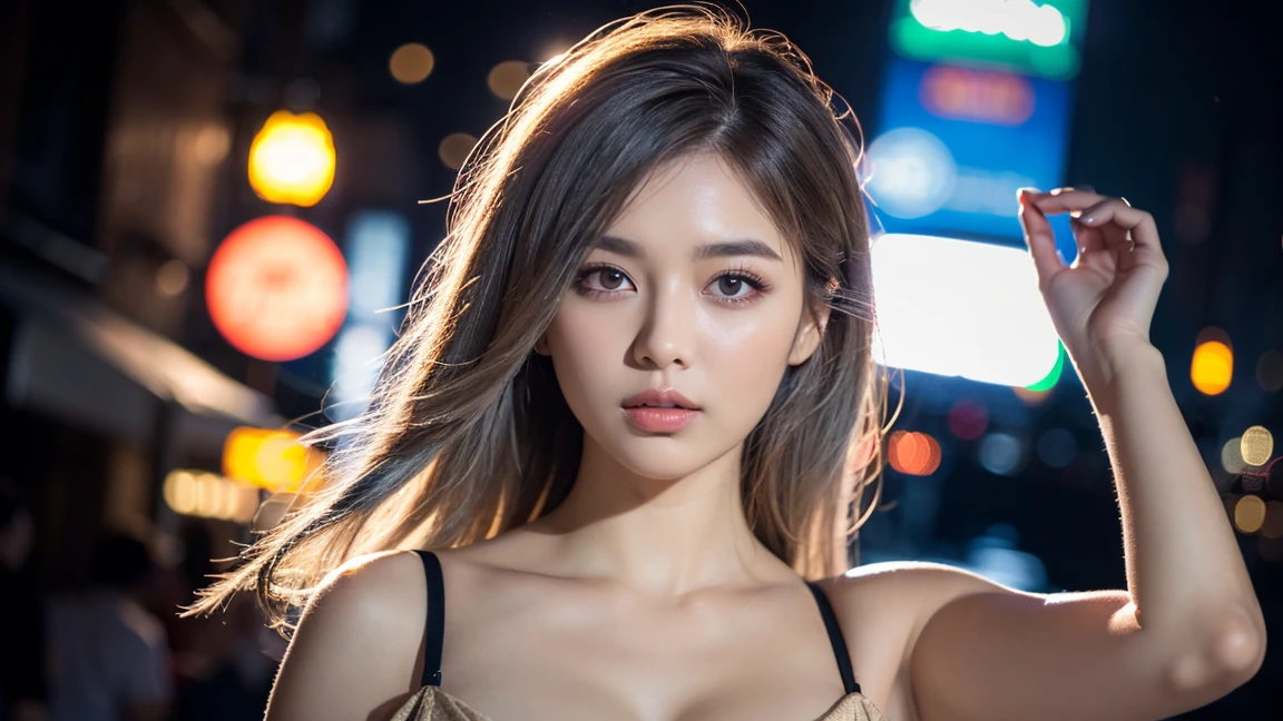 (((realistic))),
Half body portrait of a woman,brown hair with blonde highlights,night city background,detailed face,Big eyes,
Bokeh, diffused lighting,Backlight, sharp focus,centered frame,symmetrical,(((Helios 44-2 58mm F2))) ,silk black camisole、principle of not wearing underwear、