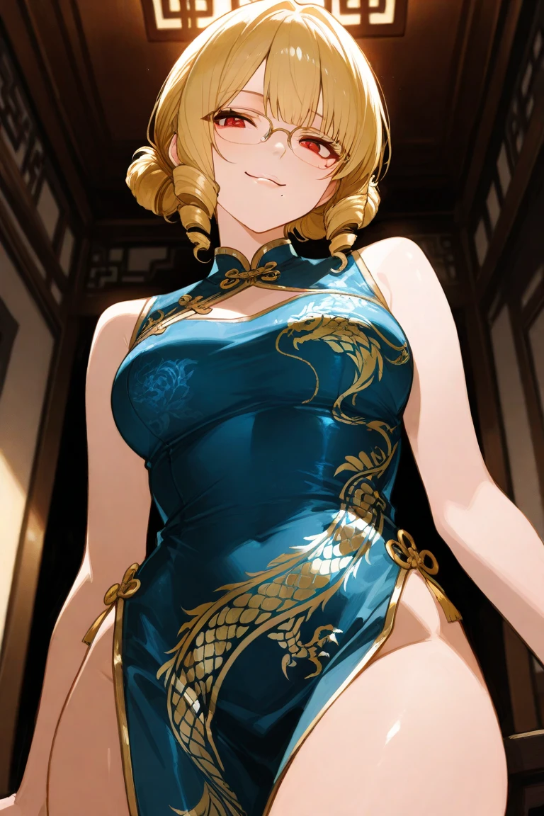 masterpiece,best quality,highres,ultra-detailed,aapekoe,short hair,braid,hair bow,black bow,parted bangs,<lora:orange_pekoe:0.7>,bare shoulders,china dress,chinese clothes,short dress,cleavage cutout,sideboob,thighs,hands_on_hips,(furrowed_brow:1.2),indoors,front view,from_below,