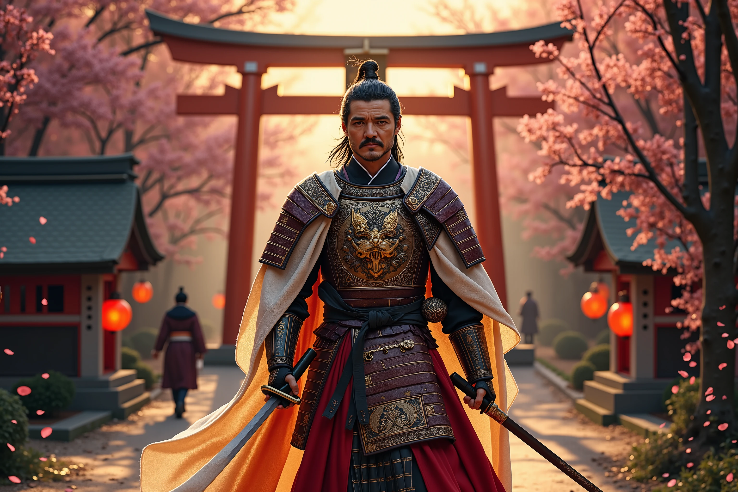 Pedro Pascal reimagined as the embodiment of Shinto in the form of a mystical and elegant medieval knight, walking through a sacred forest shrine at sunrise, dramatic atmosphere, 1 male

Dark tied-back hair, partially concealed by a ceremonial kabuto helmet shaped like a divine fox mask, engraved with Tōrī gate motifs and Shinto kami symbols. His deep, focused eyes glimmer with calm spirituality and quiet strength.

His armor blends traditional samurai plating with divine elegance — lacquered crimson and ivory tones engraved with sakura blossoms, sacred rope (shimenawa) designs, and elemental kanji. His chestplate bears the emblem of the sun goddess Amaterasu surrounded by divine flames.

A flowing white and vermilion haori-style cape sways behind him, fastened with an ofuda-shaped brooch. Sacred bells and omamori charms are woven into the leather belts across his torso.

In his right hand, he wields a katana with a torii-shaped tsuba, its blade reflecting the light of dawn. In his left, a sacred mirror engraved with the Three Sacred Treasures.

His presence is meditative yet alert — a protector of harmony and nature. He wears tabi-style boots with golden accents and prayer symbols woven into the fabric.

The background reveals a misty forest path leading to a grand torii gate and shrine. Sakura petals drift in the air as fox spirits and lanterns glow softly beneath the trees.

Shows his full figure, graceful and divine, meditative power, full body, elegant Shinto guardian knight

Photorealistic, masterpiece, realistic, high contrast, 8k, HD, high definition detailed, hyper detailed, realistic skin texture, best quality, ultra high resolution, hyper realistic, no text, very detailed eyes, dramatic lighting