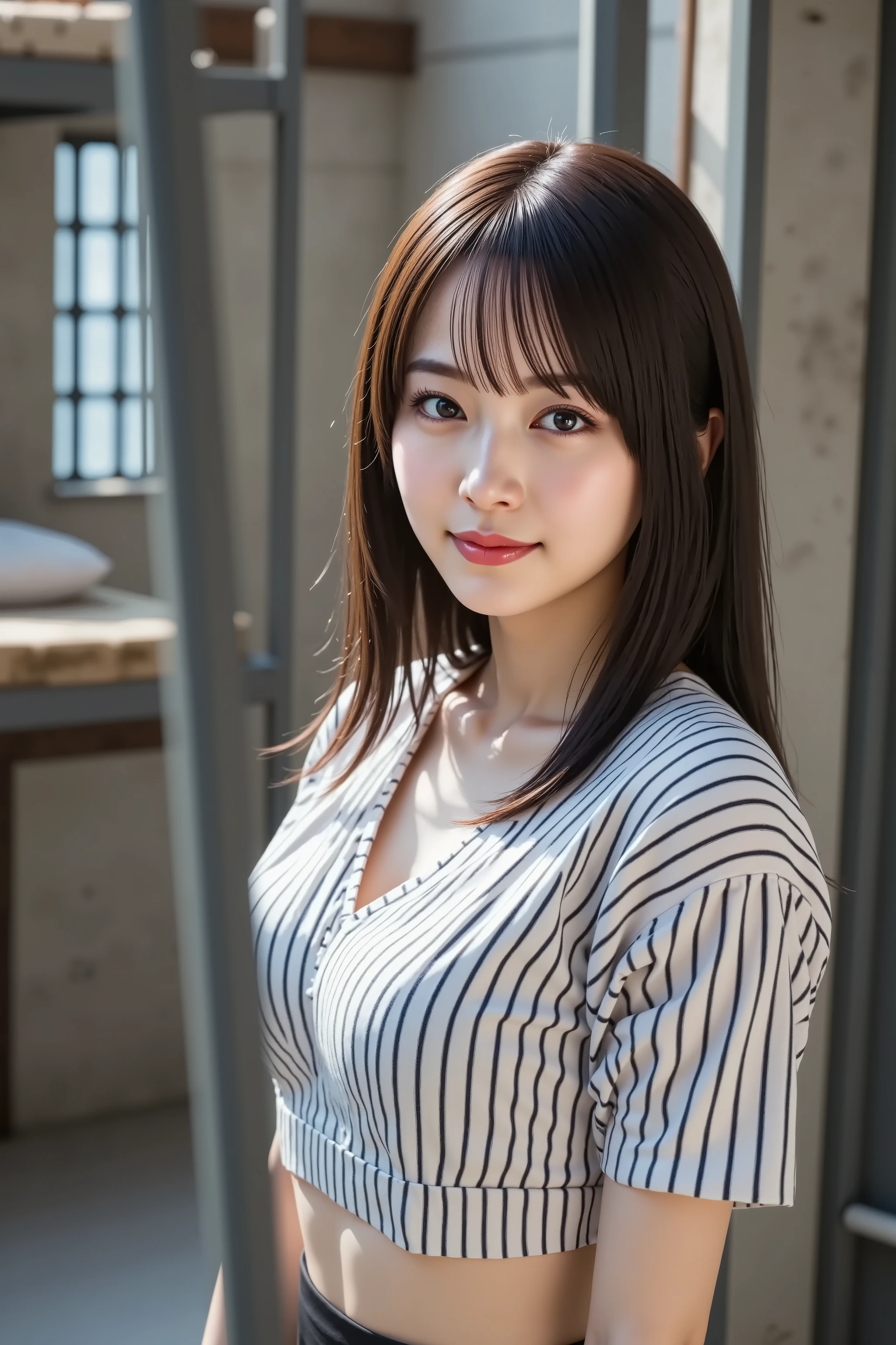 big breast, A highly detailed, ultra-realistic digital illustration of a young Asian woman depicted in a medium close-up shot, centered within a prison cell. She wears a snug-fitting, standard-issue prison uniform shirt featuring fine, narrow black and white horizontal stripes, a simple collar, and short sleeves. A matching striped prison cap sits atop her head, covering her hairline and casting a slight shadow over her forehead. Her long, silky black hair flows out from beneath the cap, cascading over her shoulders with a slightly disheveled appearance. Her expression conveys frustration and regret, with furrowed brows and a slight frown, as subtle shadows under her eyes suggest sleepless nights. The background showcases a stark concrete prison cell with cold, gray walls showing signs of age and wear, including water stains and small cracks. A metal bunk bed with a thin mattress is partially visible to one side. Metal prison bars run from floor to ceiling, creating strong vertical lines that contrast with her horizontally striped uniform. Through the bars, a dimly lit prison corridor is visible, emphasizing her confinement. The lighting is harsh and institutional—a combination of fluorescent overhead lights casting unflattering shadows and a small amount of natural light filtering in from a tiny, barred window high on the cell wall—creating a dramatic contrast between light and shadow across her face and the prison environment. The image is rendered in stunning 8K resolution, capturing every intricate detail from the texture of the concrete walls to the cold metal of the prison bars, conveying both the physical and psychological aspects of incarceration through this highly realistic portrayal.
