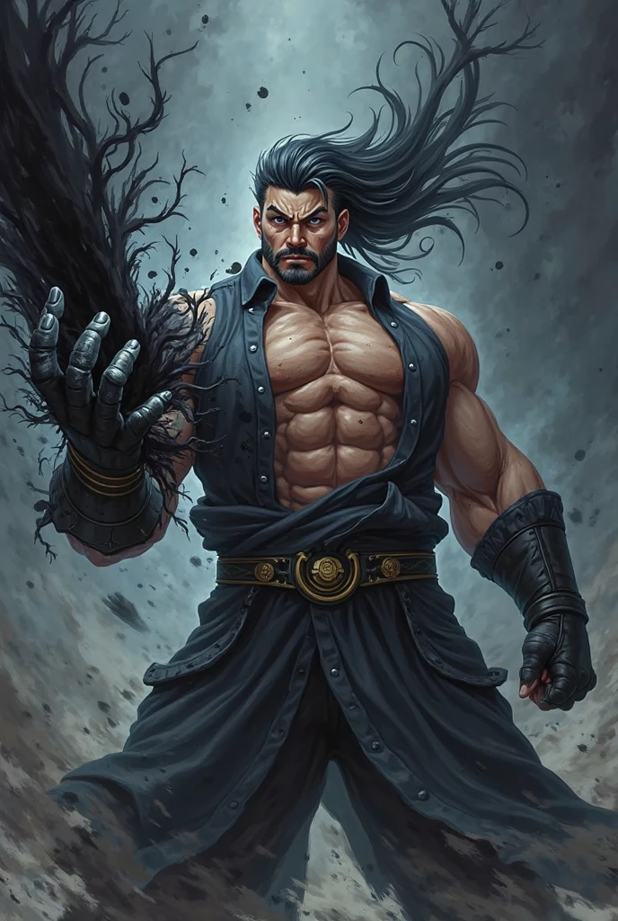 A muscular warrior in an intense action scene, wielding a long weapon such as a spear or staff, while carrying out a devastating attack. The character has a powerful stance, with his torso exposed and exaggerated muscles, demonstrating superhuman strength. Her dark, wild hair waves in the air, and his eyes shine brightly, conveying ferocity and determination. Kinetic lines and dramatic shading create a sense of speed and movement, while waves of energy or wind spin around it. The art style is classic manga, with strong contrasts in black and white, Capturing an epic, adrenaline-filled moment in the middle of a battle