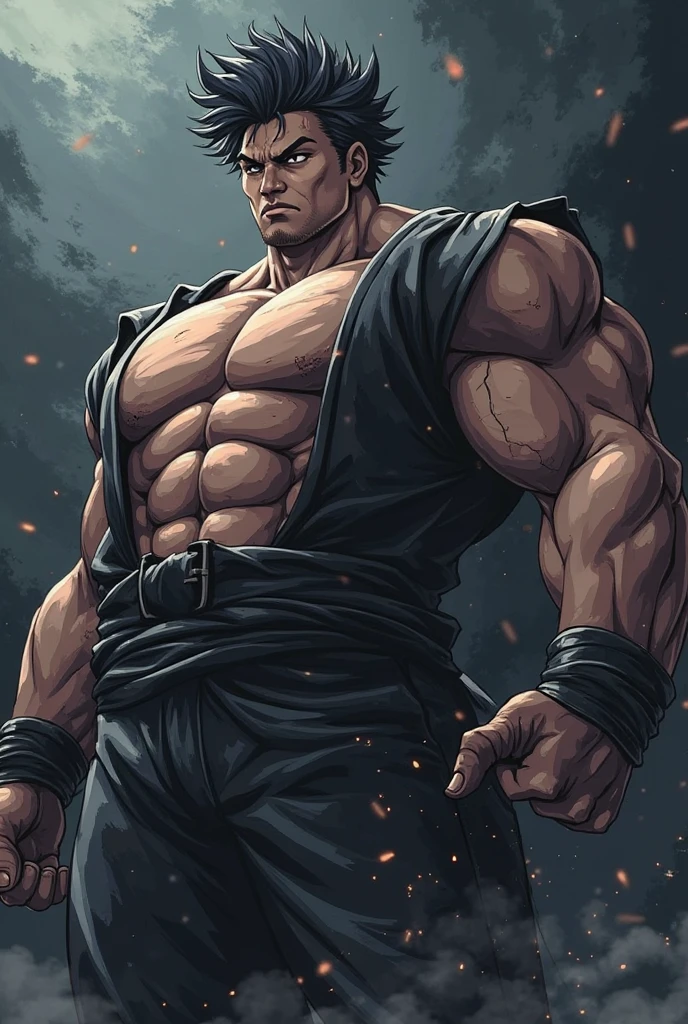 Uncle Banner the Hulk in the Avengers，The body is strong and slightly fat，Wearing a black Japanese kimono，Short black hair，The neckline of the shirt was ripped open，exposing her chest，There is chest hair，Sit in the steam room，Sweaty face，The expression is shy