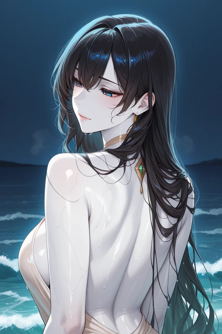 NSFW, short boy, feminine small shotacon, holding crow pet, small fragile body, black fur-lined clothes hanging on the shoulder, little to no clothes (showing core body), black hair, very messy mullet hair, bangs, shining crimson eyes, masterpiece, 8k, photorealistic, chiaroscuro lighting, dramatic shadows, cinematic composition, coast background, wearing black short, sharp black nails