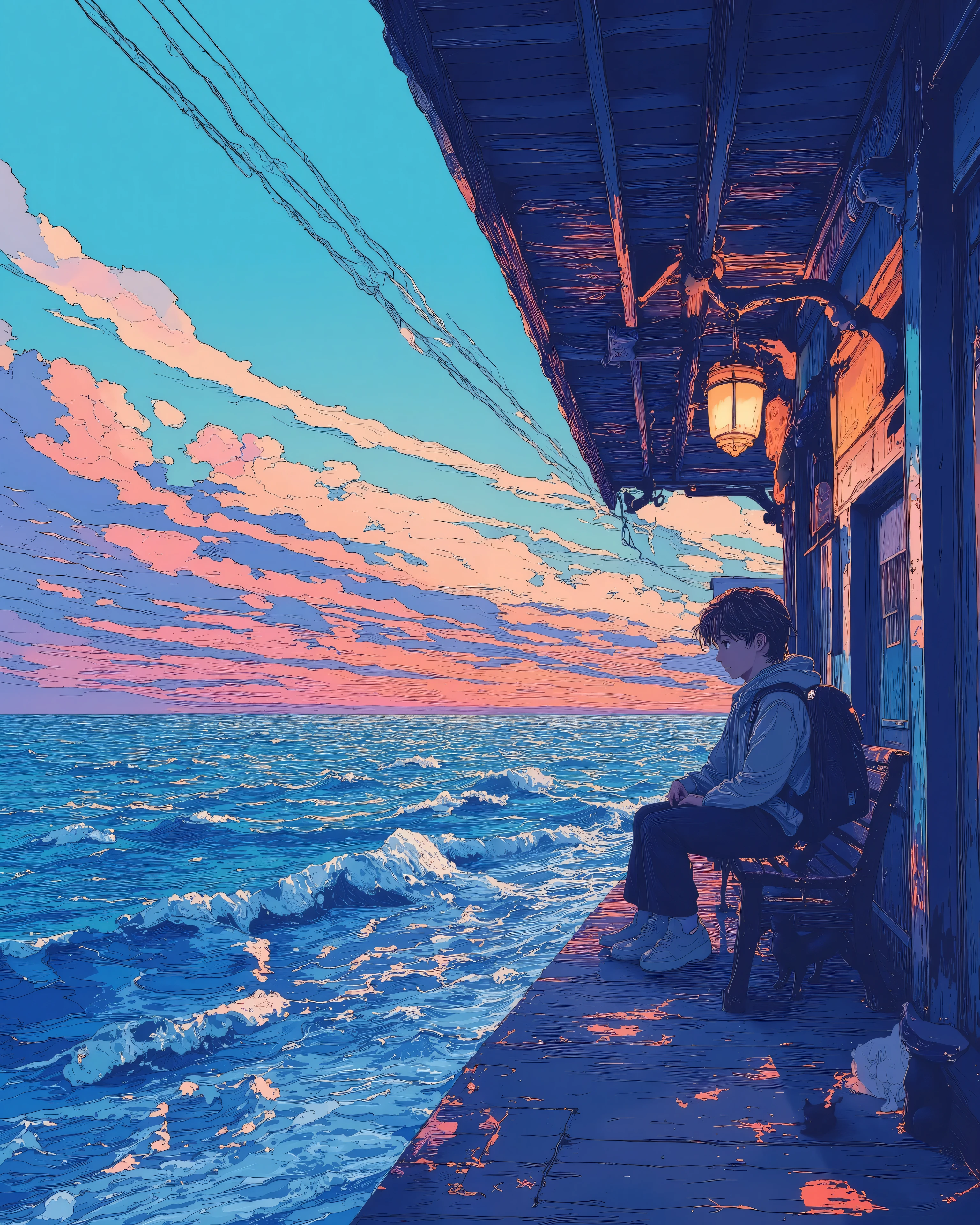 A melancholic anime-style scene of a lone traveler sitting on a wooden bench at an old seaside train station during sunset. The sky is a mesmerizing blend of deep blues, purples, and warm oranges, with scattered clouds reflecting the fading sunlight. The ocean stretches to the horizon, shimmering under the golden glow of the sun. A small black cat sits nearby, gazing at the waves. The station structure is aged, with rusted metal beams and a flickering warm-toned light hanging from the roof. Power lines crisscross above, adding to the nostalgic, cinematic feel. The traveler, wearing a hoodie and carrying a backpack, sits in solitude, lost in thought as the tranquil waves gently lap against the shore. The atmosphere is peaceful yet deeply introspective, evoking a sense of longing and quiet contemplation.