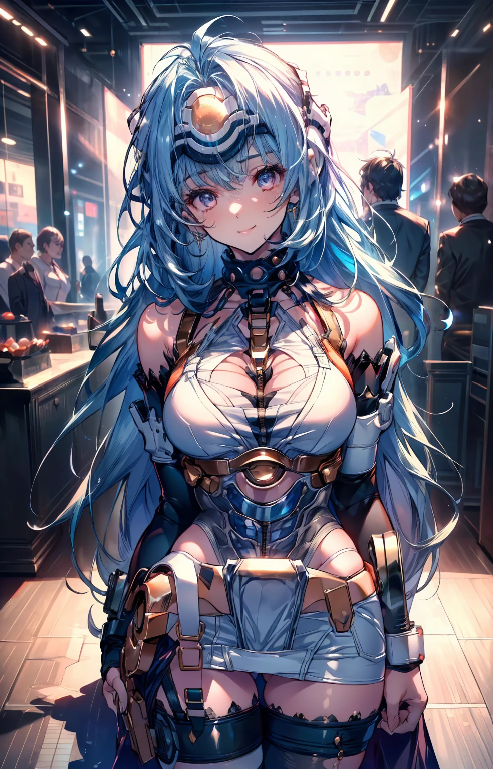 最high quality、Best image quality、masterpiece、and((cute、18-year-old、Best Bust、Medium Bust、Beautiful Blue Eyes、Spread your chest wide,Pastel colored hair、ponytail、Disheveled Hair、thin、Highest valley、Cyber Suit、smile、necklace、Wristband、))high quality、Beautiful art、background((Virtual Room)),Tabletop、Exquisite design、Visual Arts、Written boundary depth、Best lighting、Highest detail、8k
