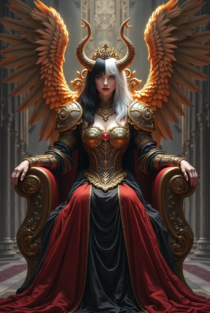 Fire Empress,Long Black Hair,Latex Clothing,Sitting on a Throne,Metal Crown,Masked Servants in Background,Fire Wings,Hand Drawing,Illustration,Art Nouveau