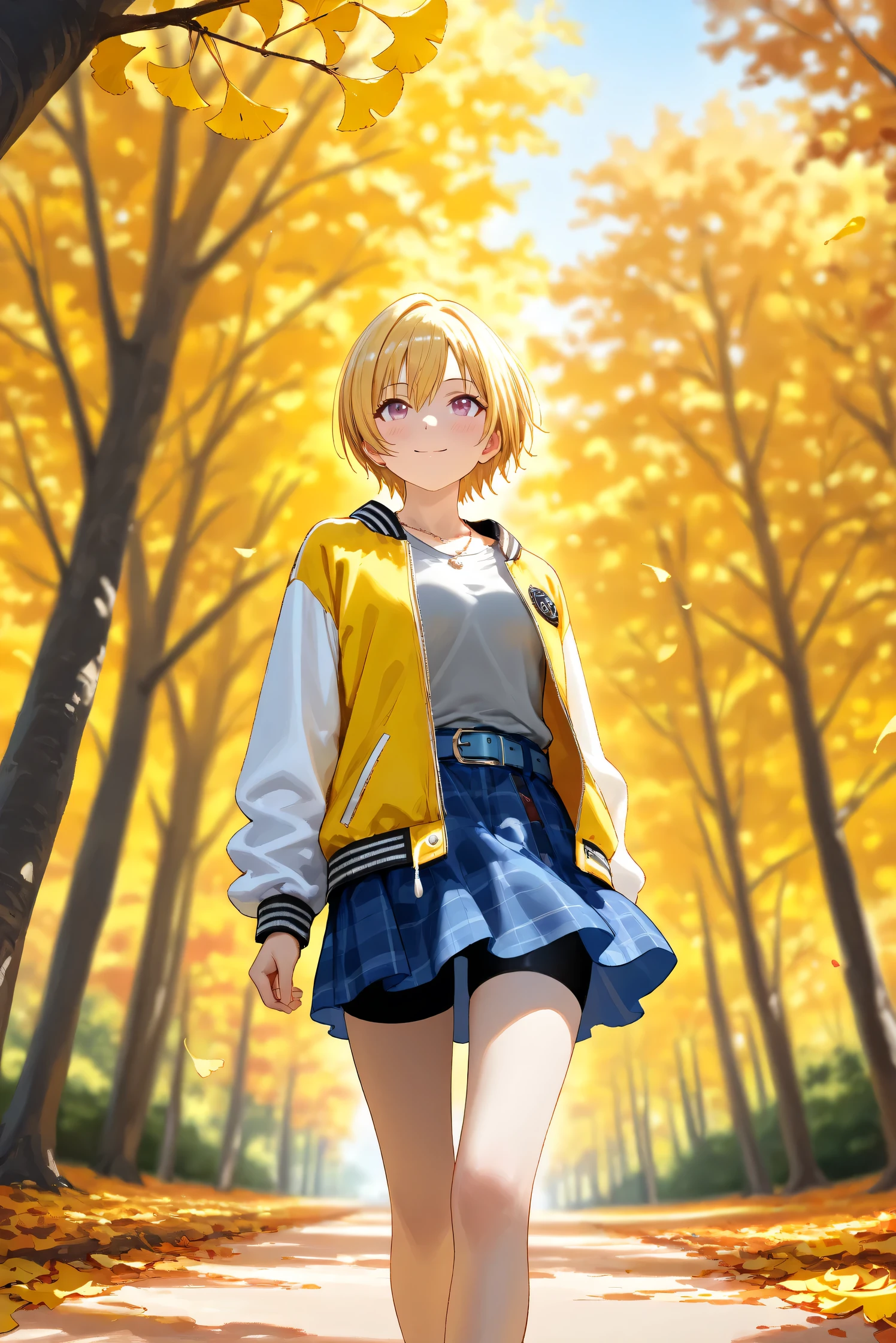 (Masterpiece), (Highest quality), (Very detailed), 
(The best shape), (Best Shadow), (Absurd), 
(Detailed background), (So beautiful), Shiny , 
Beautiful eyes in every detail, Extraordinary, Countershading, 8k, 32K, High resolution, 
Very Detailed CG,

Score_9, Score_8_up, Score_7_up, Source_anime, 
(Pastel painting:1.2), (Watercolor painting:1.2),
(Masterpiece, Detailed:1.2), (Foreshortening:1.2),

Cinematic, Dramatic, (Depth of field:1.4),
(Blurry background:1.4), (Realistic background:1.4),
Dynamic angle, from below, lower body, looking up,
1 girl,
Autumn, Outdoor, Nature, Park, Wind,
Autumn leaves, Ginkgo,
Scenery, Autumnforrestmb, Autumn, Forest, Tree, Nature, Outdoors, Ginkgo tree branch,

Saijo Juri,
the idolmaster shiny colors,
juri saijo, short hair, blonde hair, purple eyes, small breasts,

(Casual wear:1.3), 
T-shirts, (Gray t-shirts:1.3), 
Souvenir jacket, Yellow jacket, (Long sleeves jacket:1.2), White sleeves jacket,
Miniskirt, (blue skirt:1.2), Checkered skirt, 
Belt, blue belt, bike shorts,
Necklace,

focus on face,
(Blush:1.3), Smile, Happy,
Realistic skin, Shiny skin,
