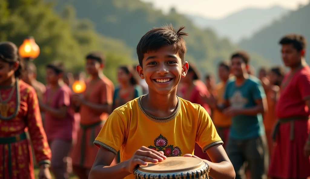 A boy playing Dhol Tasha and wearing shirt of ganesha and having name 'Darshan' on it . Background of image will people doing pray.