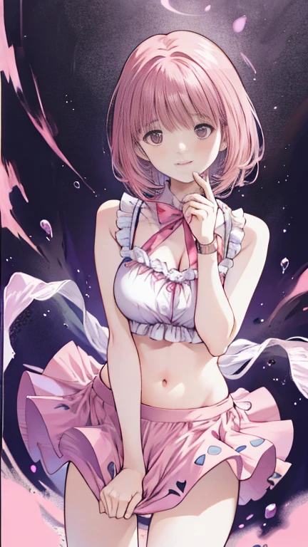 Back view、satin、silk、Frilled bra、Frilled Panties、pretty girl, Chemise dress, Pink Hair, pastel colour, watercolor, Floral Background, Shiny Hair, Round eyes