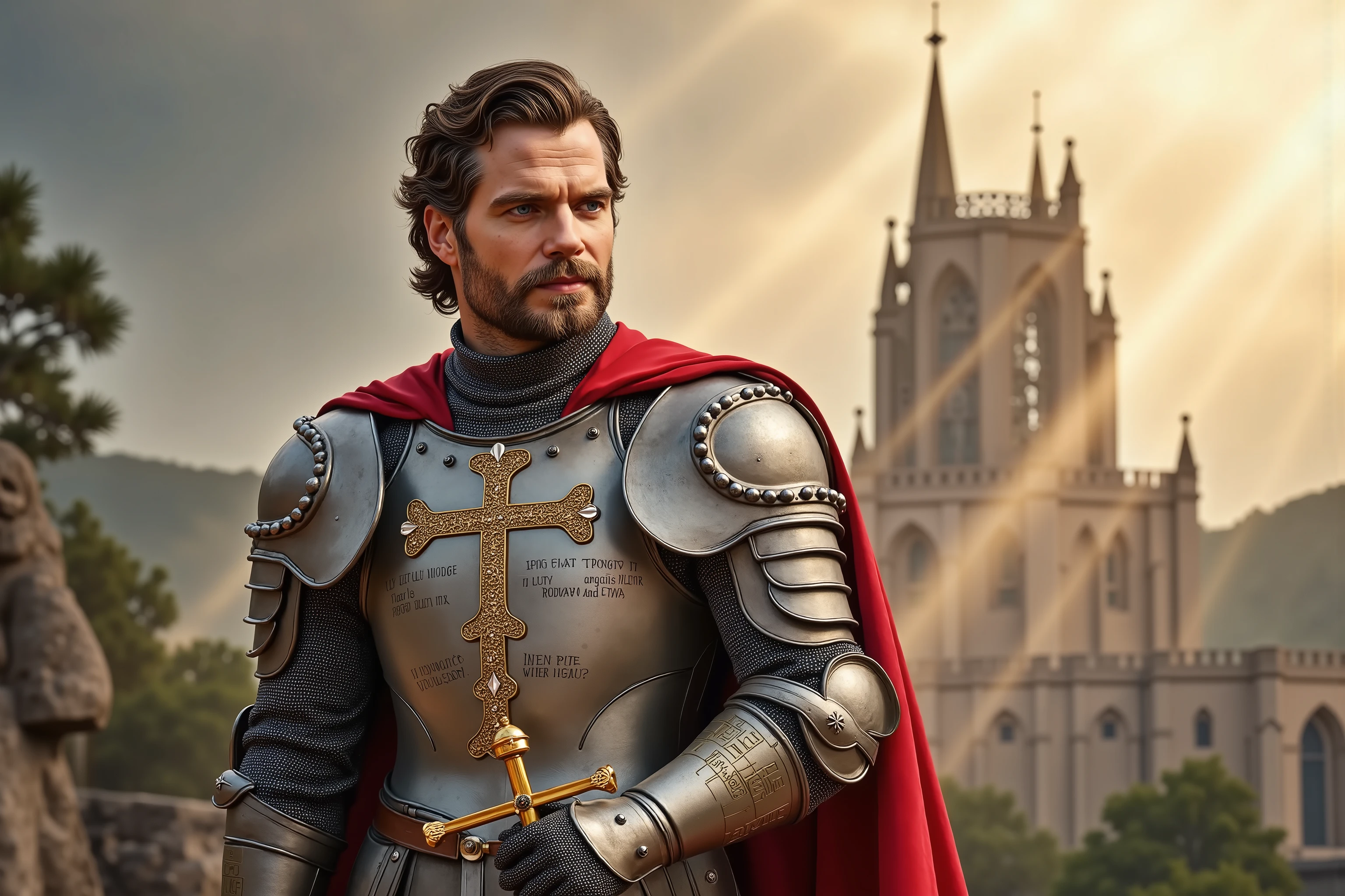 A full body photo of Henry Cavill reimagined as the embodiment of Christianity in the form of a majestic medieval knight, walking through a radiant battlefield of faith and light, dramatic atmosphere, 1 male
Golden-brown hair swept back beneath a polished crusader helm, adorned with a radiant silver cross and glowing gemstones. His piercing blue eyes reflect divine purpose and unwavering conviction.
His armor is a masterpiece of silver and white steel, engraved with holy scriptures and angelic motifs. A flowing crimson cape lined with gold billows behind him, clasped by a ruby-inlaid cross-shaped brooch. The breastplate bears an ornate golden crucifix, surrounded by doves and olive branches.
In his right hand, he wields a shining longsword with inscriptions of Latin prayers along the blade. In his left, he carries a shield emblazoned with the Chi Rho symbol and a golden halo engraved around it.
His posture is noble and serene, the embodiment of righteous might. Around his waist, a belt of white leather is adorned with sacred relics and rosary beads.
The background reveals a sunlit gothic cathedral rising from misty hills, its stained-glass windows glowing with divine light. Angels carved in stone flank its entrance as rays of sunlight break through the clouds.
Shows his full figure, standing tall in shining holy armor, noble facial structure, heroic body, full body, divine presence, ideal paladin of faith
Photorealistic, masterpiece, realistic, high contrast, 8k, HD, high definition detailed, hyper detailed, realistic skin texture, best quality, ultra high resolution, hyper realistic, no text, very detailed eyes, dramatic lighting
