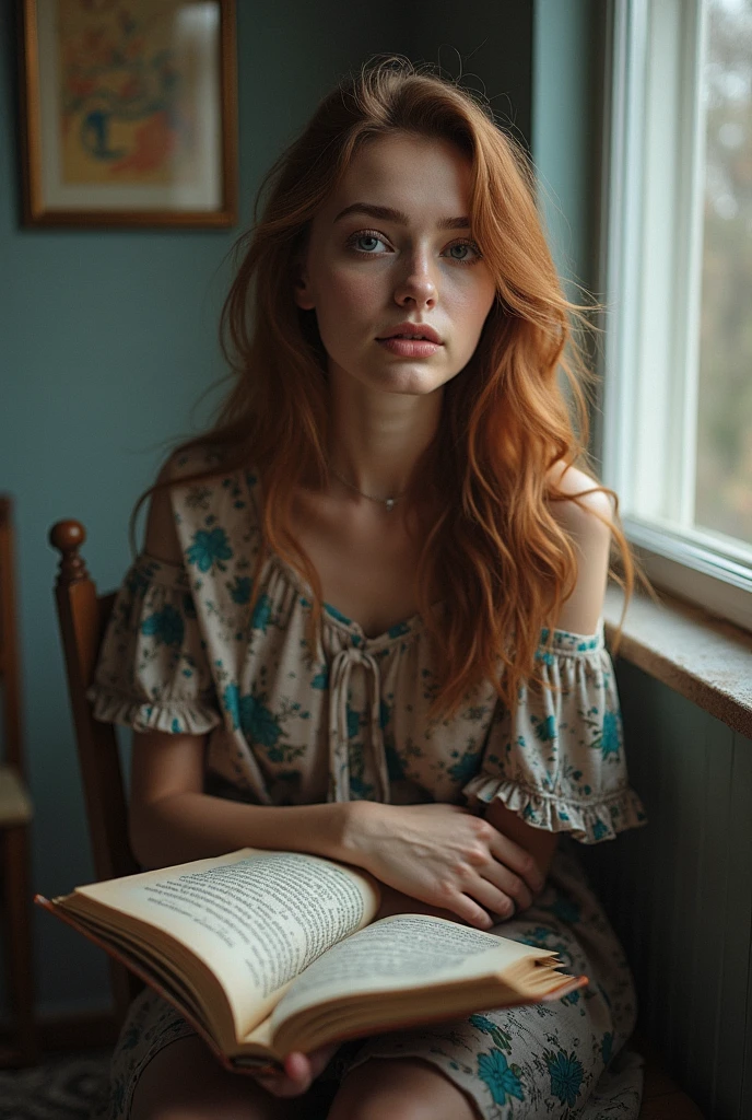 portrait:1.33, Stunning ginger girl named Alessia Stanga, 17 years old, , ponytail, messy hair (((blue eyes))), stolen shot, sudden shot, (((distracted, reading a book, (((looking at the book))), lying down))), she wears a christmas sweater, hyper realistic photo, super detailed, chillvibes, lazy vibe, natural look, skin imperfections, f1.4, ISO100, cinematic lights, hyper realistic lights, film grain:1.33, skin imperfections, Hasselblad 500C/M Nikon FM2 instagram pic, #picoftheday