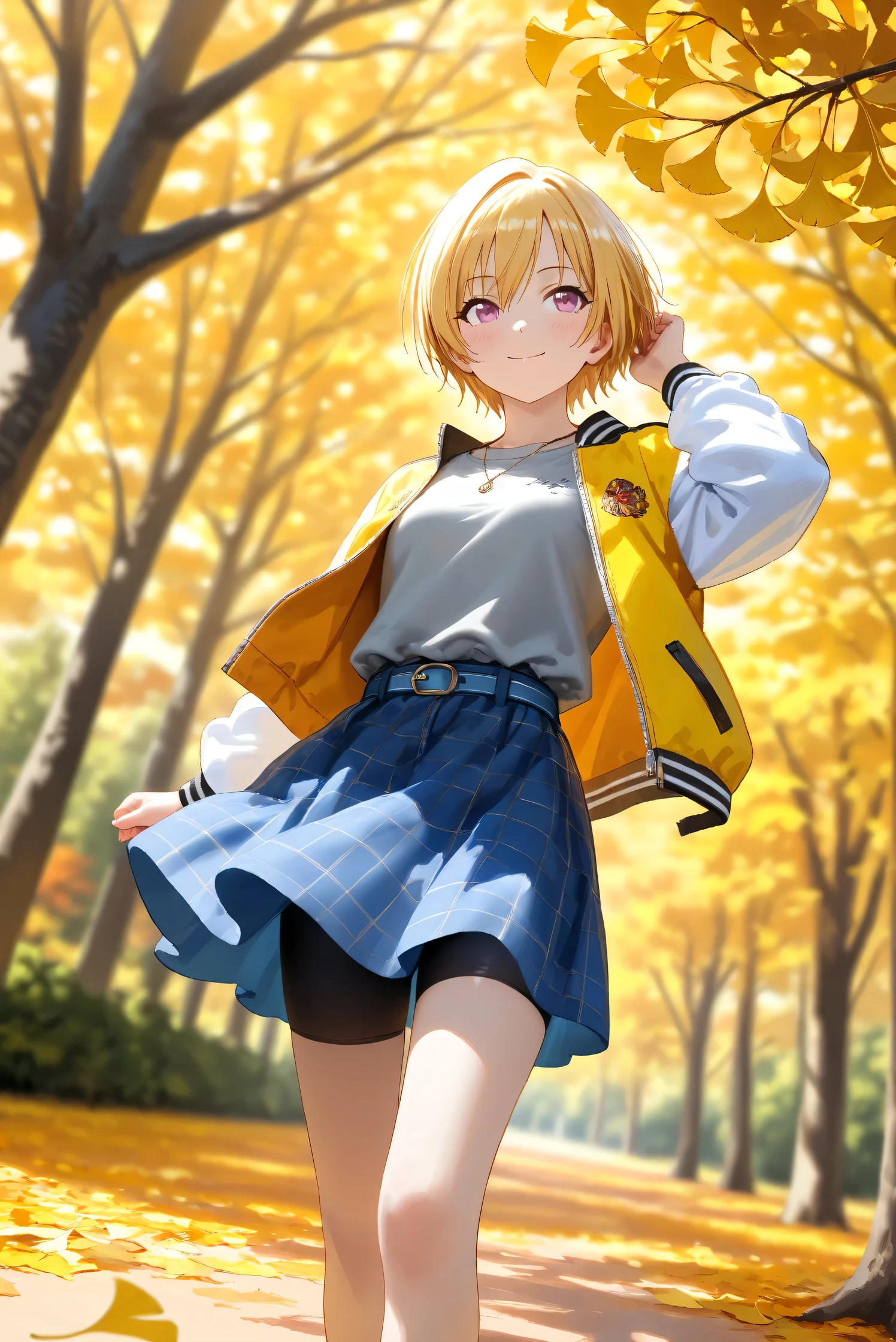 (Masterpiece), (Highest quality), (Very detailed), 
(The best shape), (Best Shadow), (Absurd), 
(Detailed background), (So beautiful), Shiny , 
Beautiful eyes in every detail, Extraordinary, Countershading, 8k, 32K, High resolution, 
Very Detailed CG,

Score_9, Score_8_up, Score_7_up, Source_anime, 
(Pastel painting:1.2), (Watercolor painting:1.2),
(Masterpiece, Detailed:1.2), (Foreshortening:1.2),

Cinematic, Dramatic, (Depth of field:1.4),
(Blurry background:1.4), (Realistic background:1.4),
Dynamic angle, from below, lower body, looking up,
1 girl,
Autumn, Outdoor, Nature, Park, Wind,
Autumn leaves, Ginkgo,
Scenery, Autumnforrestmb, Autumn, Forest, Tree, Nature, Outdoors, Ginkgo tree branch,

Saijo Juri,
the idolmaster shiny colors,
juri saijo, short hair, blonde hair, purple eyes, small breasts,

(Casual wear:1.3), 
T-shirts, (Gray t-shirts:1.3), 
Souvenir jacket, Yellow jacket, (Long sleeves jacket:1.2), White sleeves jacket,
Miniskirt, (blue skirt:1.2), Checkered skirt, 
Belt, blue belt, bike shorts,
Necklace,

focus on face,
(Blush:1.3), Smile, Happy,
Realistic skin, Shiny skin,