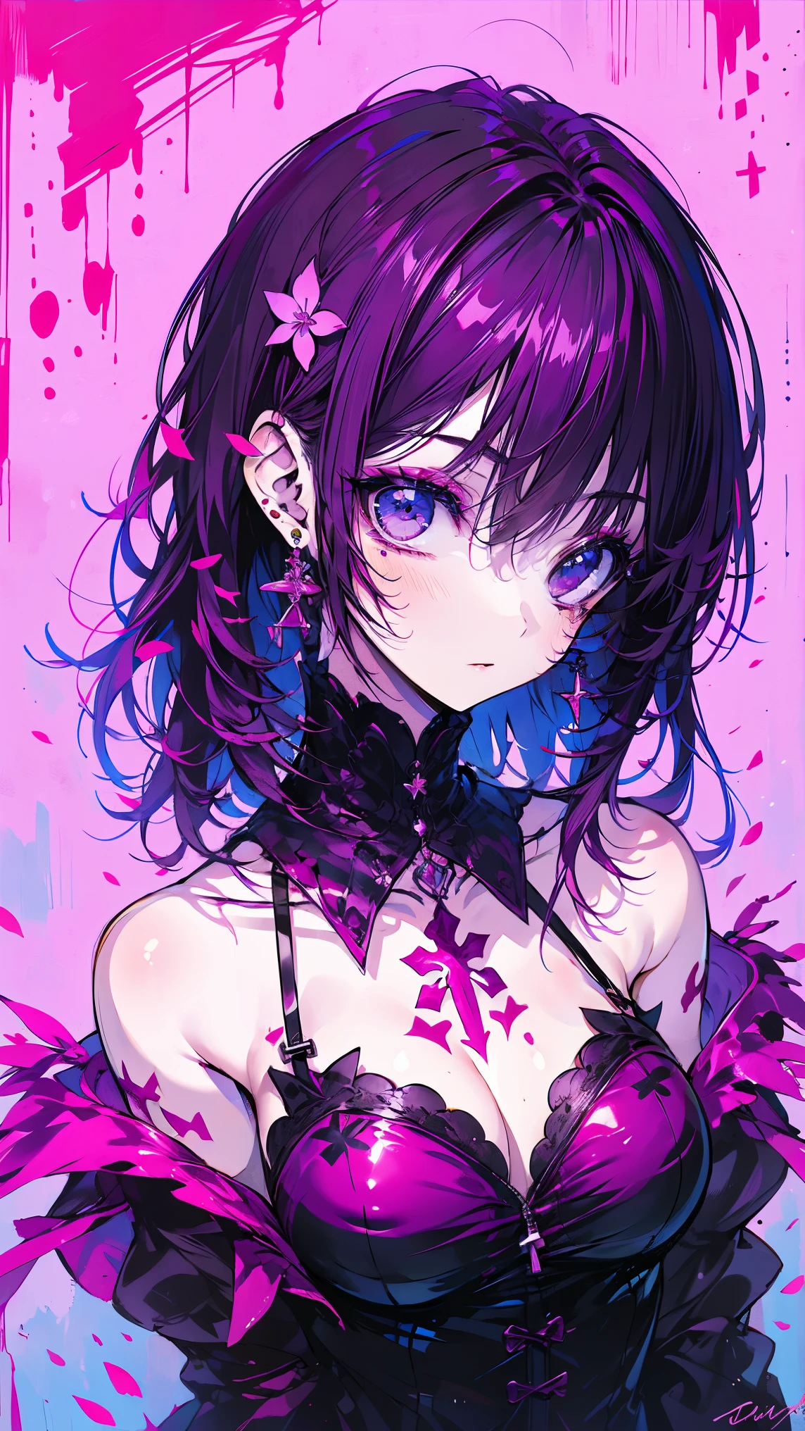 (Big Eyes:1.4)1 girl, , GLOVING SKIN, high contrast((mastepeice, Top Quality))(eyeshadow:1.3)(Eyelashes:1.2)earrings, Viewers,bare shoulders,upper body, Tattoo, eyelashes, eyeshadow,highlight color hairstyle,INNER COLOR, Behind the ear, straight slutty , cookhold subjective (masterpiece:1.5), Super detailsed, high resolution, 8k, 美しい輝くpurple eyes with cherry blossoms、details, 1 cute girl, girl with long, straight hair and shiny dark purple hair, purple eyes with cherry blossoms,,Princess negligee is open