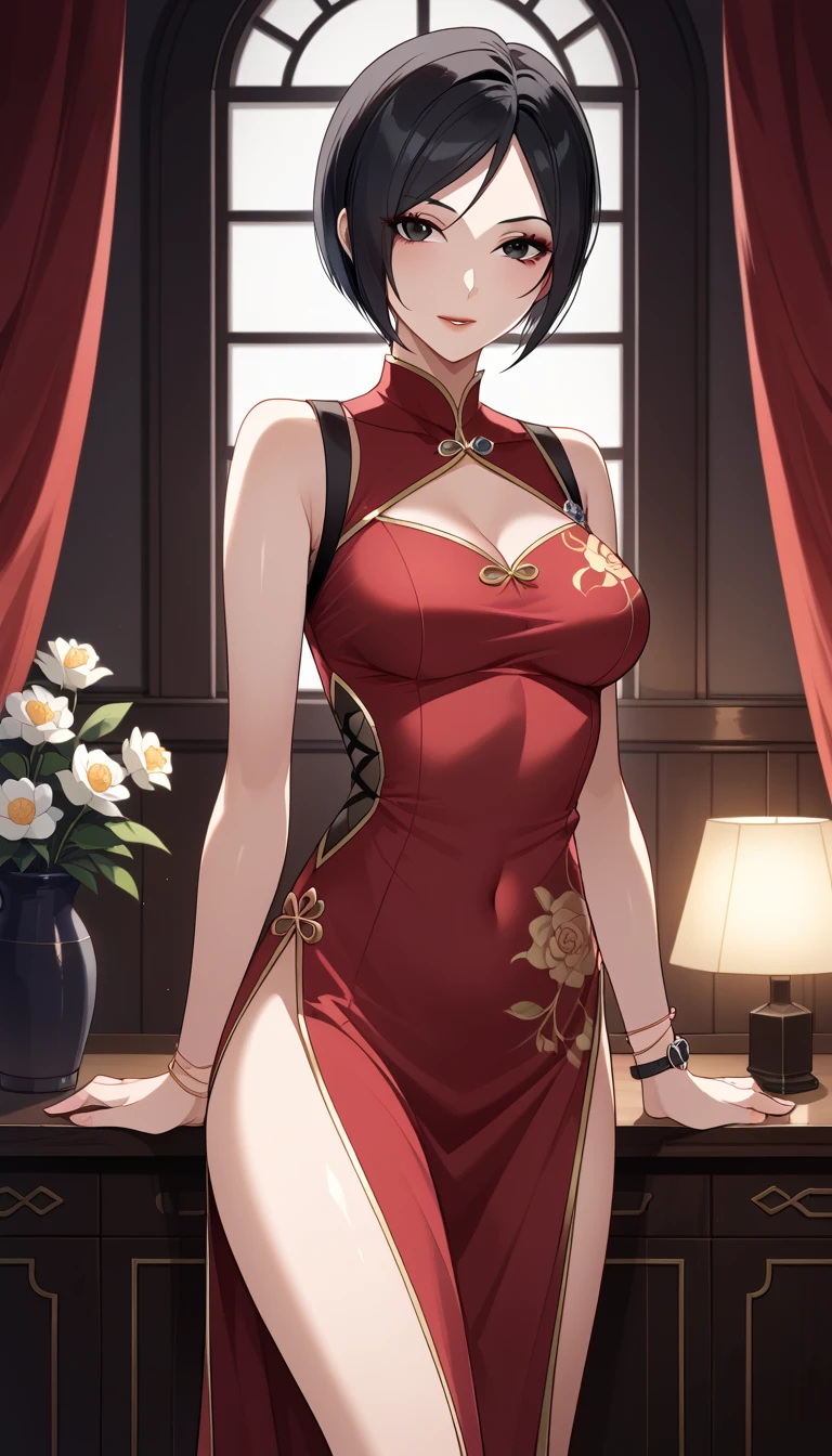 (((professional: Step by step, taking into account even the smallest detail, God-level final result, all intricate details, cowboy shot, solo 1girl view))): "1 fox girl, ruby eyes, fox ears, fox tail, high ponytail, smug, cute, short black china dress, side full body, pelvic curtain, thigh ribbon, (pumps:1), (hugging own leg:1.1), chinese style, indoors, sharp focus, looking at viewer, (intricate:1.3), red light theme, (orange tone:0.7), illustration, random angle, see body, nude ",+18,nsfw, hair and clothes blown up by strong wind