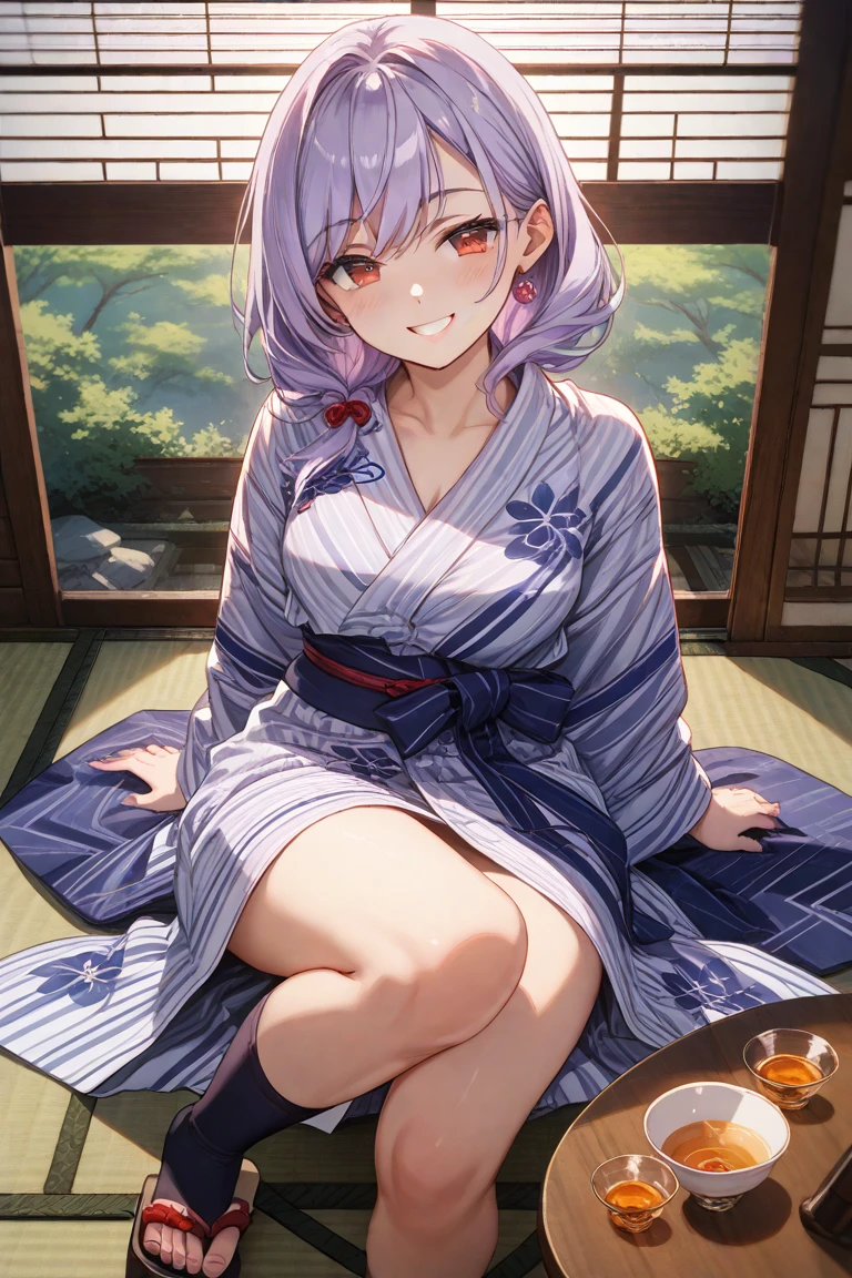 masterpiece, ultra detailed, 8K, full body shot,, a girl, kawaii, light atmosphere, (Cute a girl:1.5), (one girl with pale purple hair, wavy two braids, blunt bangs hair, green and black eyes :1.4), anime visual, (tilt head:1.3), extremely delicate face, realistic lighting and shading, (an extremely delicate and beautiful art:1.3),muted colors, blush, Wearing a white yukata Morning glory pattern, A tatami room, a girl making tea for a guest, smiling, a Girl spreads her legs and opens her yukata to reveal her nipples and pussy, nsfw,Urinating in a teacup,