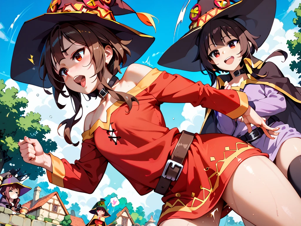 High resolution, 8K, 4K, masterpiece, Beautiful quality, One girl, Red eyes, alone, Brown Hair, Long hair short hair, bangs, Have, witch Have, collarbone, Cape, Black gloves, collar, Small breasts, Megumin, Meguminスタイル, Megumin,Meguminスタイル, Cape, Have, Green Field,