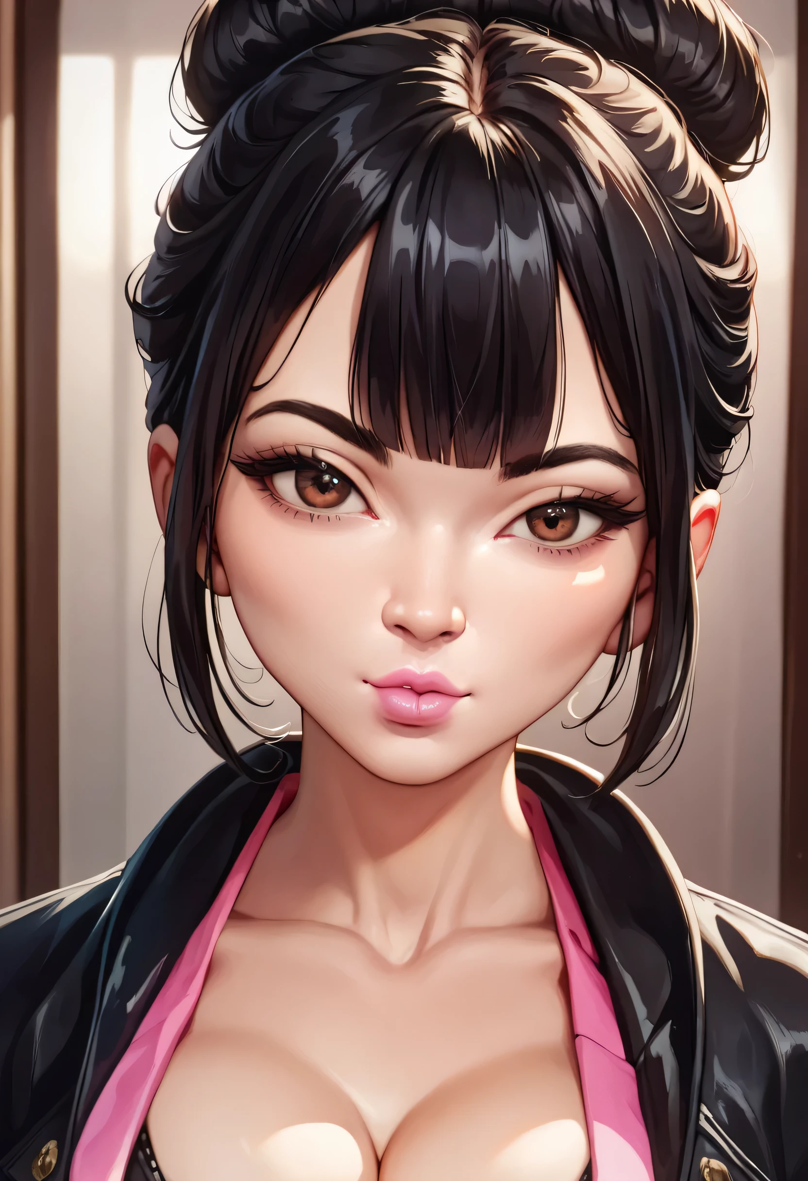 realistic, perfect face, black hair, (top knot hair), hime cut hair, black eyebrows, thin eyebrows, brown eyes, black eyeliners, nose, normal lips, pink lips, beautiful face, collarbone, cleavage, medium breasts, black jacket, ((look at viewer))