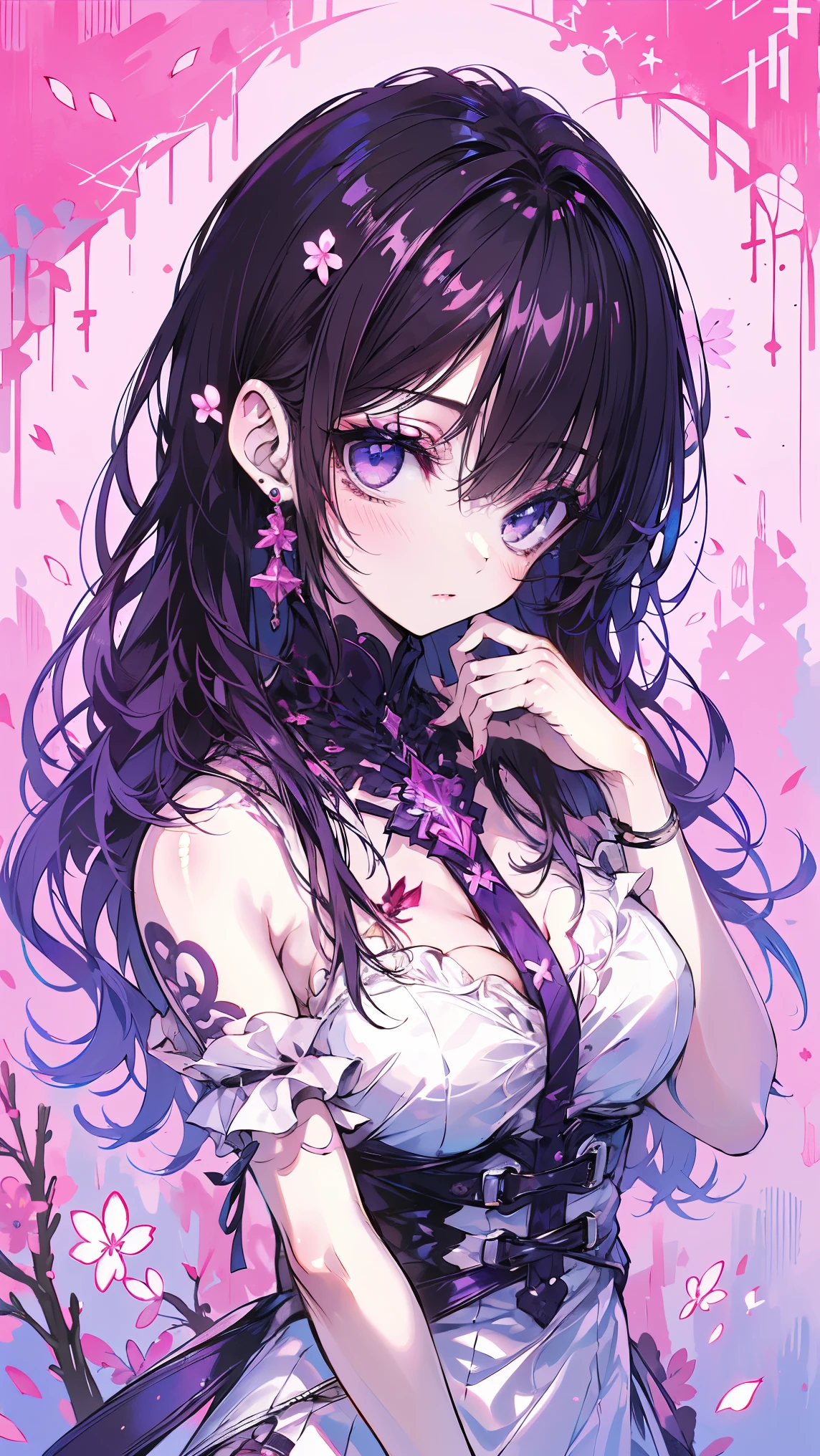 (Big Eyes:1.4)1 girl, , GLOVING SKIN, high contrast((mastepeice, Top Quality))(eyeshadow:1.3)(Eyelashes:1.2)earrings, Viewers,bare shoulders,upper body, Tattoo,  eyelashes, eyeshadow,highlight color hairstyle,INNER COLOR, Behind the ear, straight slutty , cookhold subjective (masterpiece:1.5), Super detailsed, high resolution, 8k, 美しい輝くpurple eyes with cherry blossoms、details, 1 cute girl,  girl with long, straight hair and shiny dark purple hair, purple eyes with cherry blossoms,,Princess negligee is open