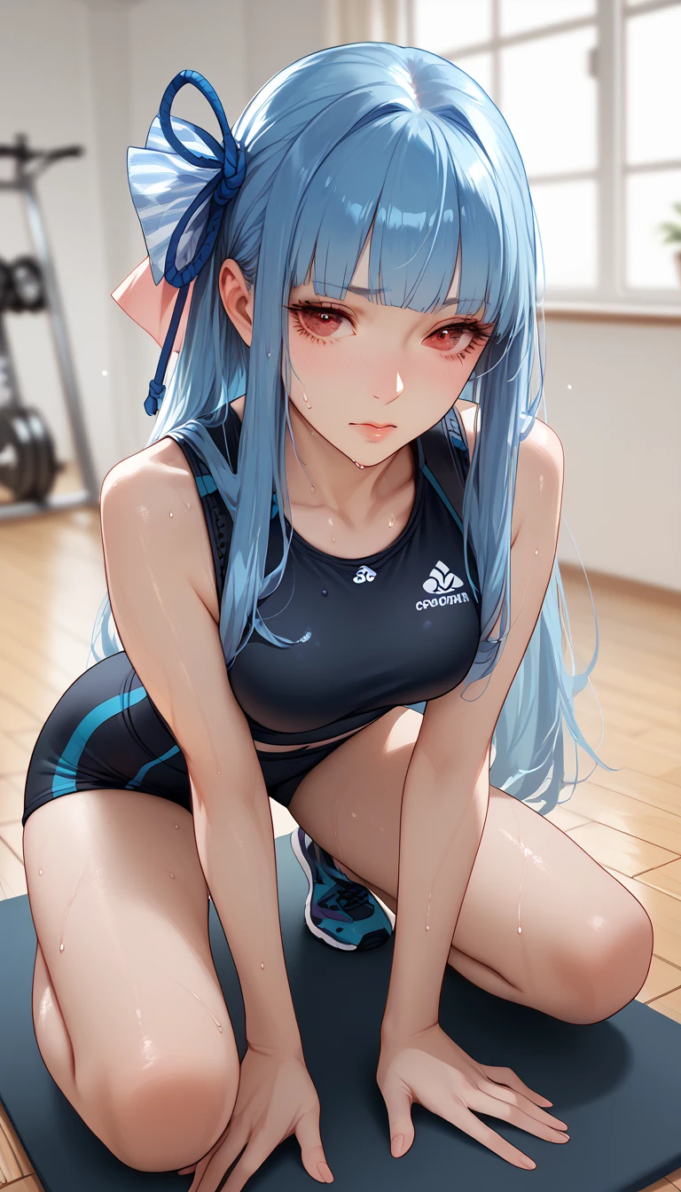 gym room, practice, workout, Hot, perspired, sweaty, The large, lifting, Yoga pants,Flustered, Be red in the face, Blackn clothes, See, White hair, long whitr hair, Yoga pants, Pink headband , , slimification, Earphone, Earphone,  Inside the gym, Fitness balls, palla, Sit on an exercise ball, palla, Sam, In the shot, stolen goods, On the ball,Yoga pants, wearing pants, Black yoga pants, trouser, Pull up your pants, SFW, one-girl