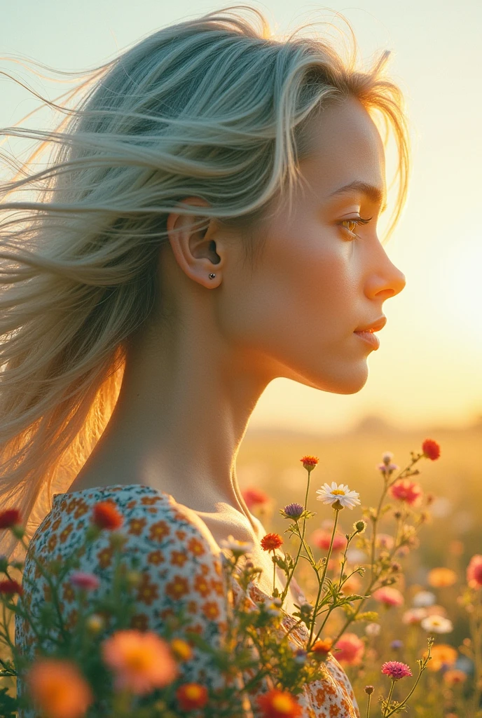 A serene and artistic double exposure image combining a close-up of a female android's silhouette (mechanical body) with flowing hair and a vibrant flower meadow. The meadow is filled with colorful wildflowers under a soft golden sunlight, blending harmoniously with the contours of her mechanical face. The scene should evoke feelings of tranquility and connection to nature, with smooth transitions between the elements. Dreamlike and ethereal lighting, emphasizing a warm and natural color palette, animeart