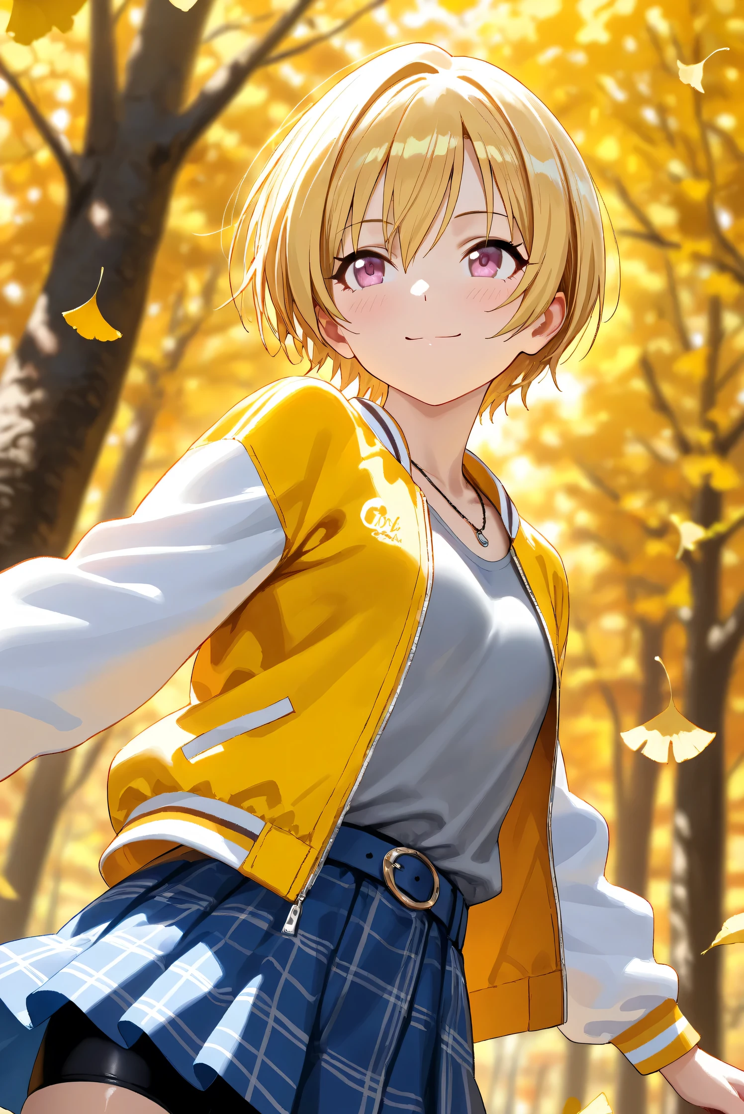 (Masterpiece), (Highest quality), (Very detailed), 
(The best shape), (Best Shadow), (Absurd), 
(Detailed background), (So beautiful), Shiny , 
Beautiful eyes in every detail, Extraordinary, Countershading, 8k, 32K, High resolution, 
Very Detailed CG,

Score_9, Score_8_up, Score_7_up, Source_anime, 
(Pastel painting:1.2), (Watercolor painting:1.2),
(Masterpiece, Detailed:1.2), (Foreshortening:1.2),

Cinematic, Dramatic, (Depth of field:1.4),
(Blurry background:1.4), (Realistic background:1.4),
Dynamic angle, from below, lower body, looking up,
1 girl,
Autumn, Outdoor, Nature, Park, Wind,
Autumn leaves, Ginkgo,
Scenery, Autumnforrestmb, Autumn, Forest, Tree, Nature, Outdoors, Ginkgo tree branch,

Saijo Juri,
the idolmaster shiny colors,
juri saijo, short hair, blonde hair, purple eyes, small breasts,

(Casual wear:1.3), 
T-shirts, (Gray t-shirts:1.3), 
Souvenir jacket, Yellow jacket, (Long sleeves jacket:1.2), White sleeves jacket,
Miniskirt, (blue skirt:1.2), Checkered skirt, 
Belt, blue belt, bike shorts,
Necklace,

focus on face, portrait, close up shot,
(Blush:1.3), Smile, Happy,
Realistic skin, Shiny skin,