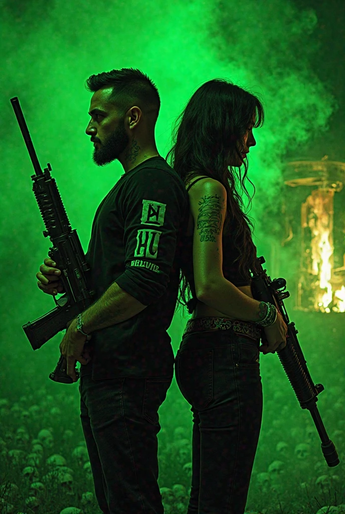 (photorealism:1.2), shirtless man wearing black cargo pants with black boots, holding an AK-47, black bandana, background with a black R34 car with red neon lights, and a girl next to him wearing a black shirt, black cargo pants, black boots, holding an M4, black bandana, both with tattoos, the girl with Japanese-style tattoos on her arms and chest, and the guy with Japanese-style tattoos on his arms and other tattoos on his chest.